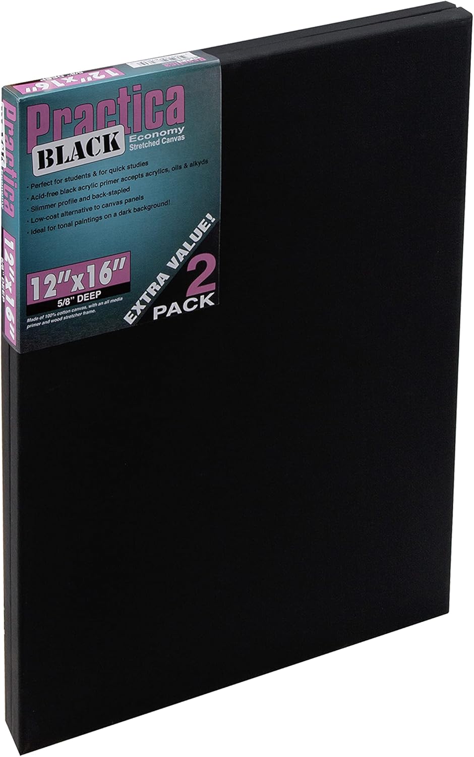 Practica Economy Black Stretched Cotton Canvas - Acid-Free Acrylic Primed Canvas for Acrylics, Oils, Alkyds, & More! - [2-Pack - 12x16]