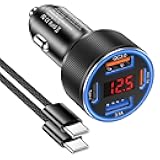 Car Charger for iPhone 17 16 15 Pro Max, Besgoods 4-Port Cigarette Lighter Adapter USB C & USB A Car Phone Charger Fast Charging Voltmeter for Galaxy S24 S23 A15 A54 Android, 6ft USB C to C Cable