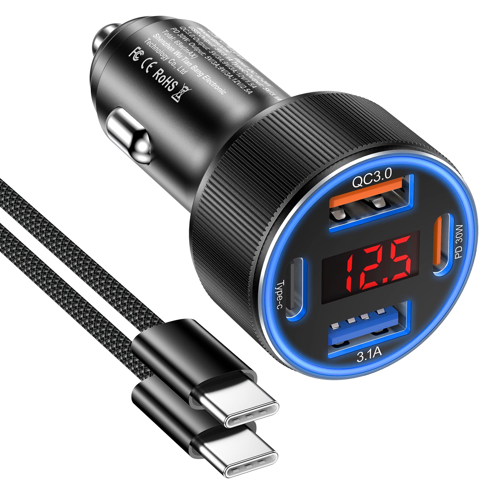 Besgoods Car Charger for iPhone 16 15 Pro Max, 4-Port Cigarette Lighter Adapter USB C & A Fast Charging Voltmeter for Galaxy S24 S23 A15 A54 Android, 6ft USB C Cable