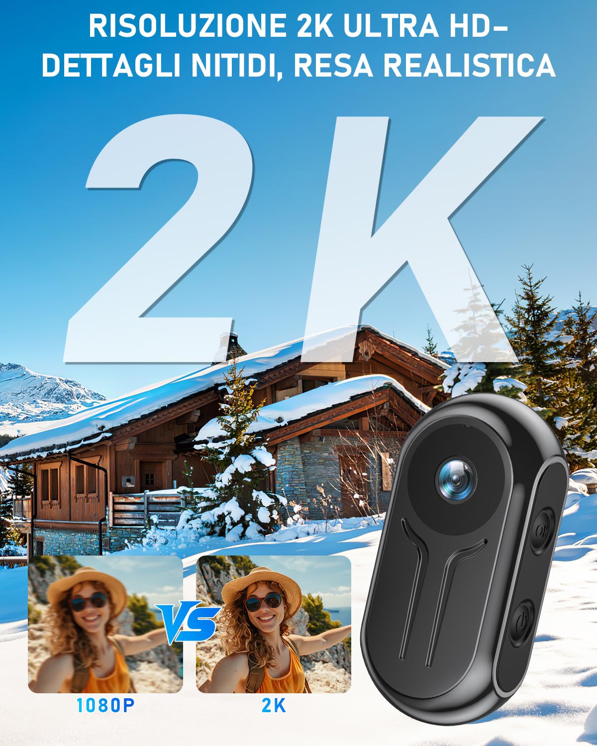 Action Cam con WiFi 2K Ultra-HD, Mini Body Cam con Registrazione, Telecamera Moto con Grandangolo da 120° con schermo, Videoregistratore indossabile a mani libere per Vlog Bicicletta