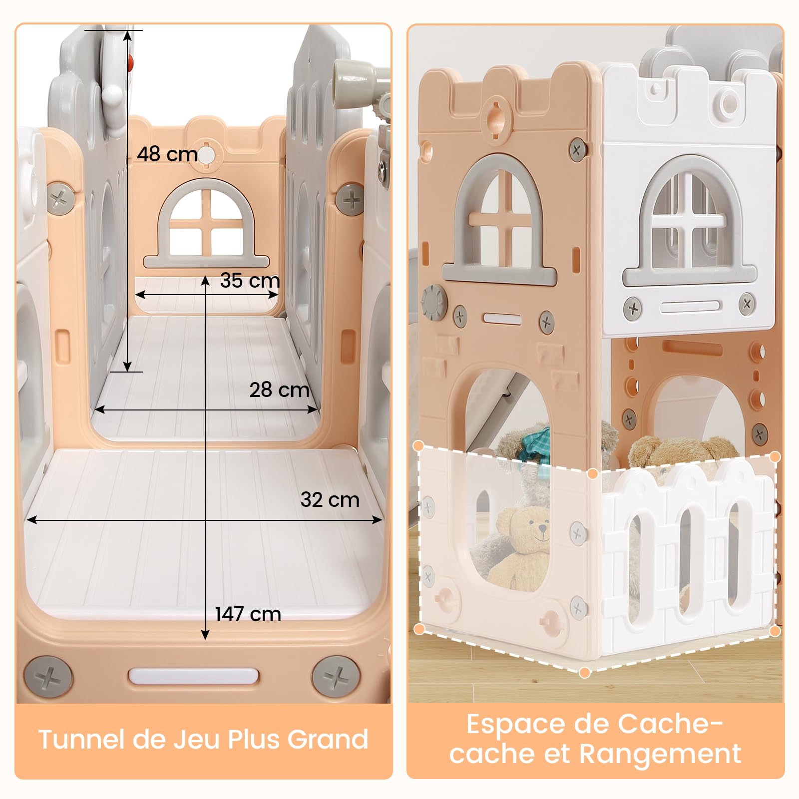 Toboggan 8 en 1 Enfant Extérieur Intérieur Aire De Jeux Évolutif Bébé 1-3 Ans，avec Espace De Cache-Cache, Échelle d'escalade Panier De Basket, Télescope Tunnel De Jeu Ensemble De Jeux Ludique