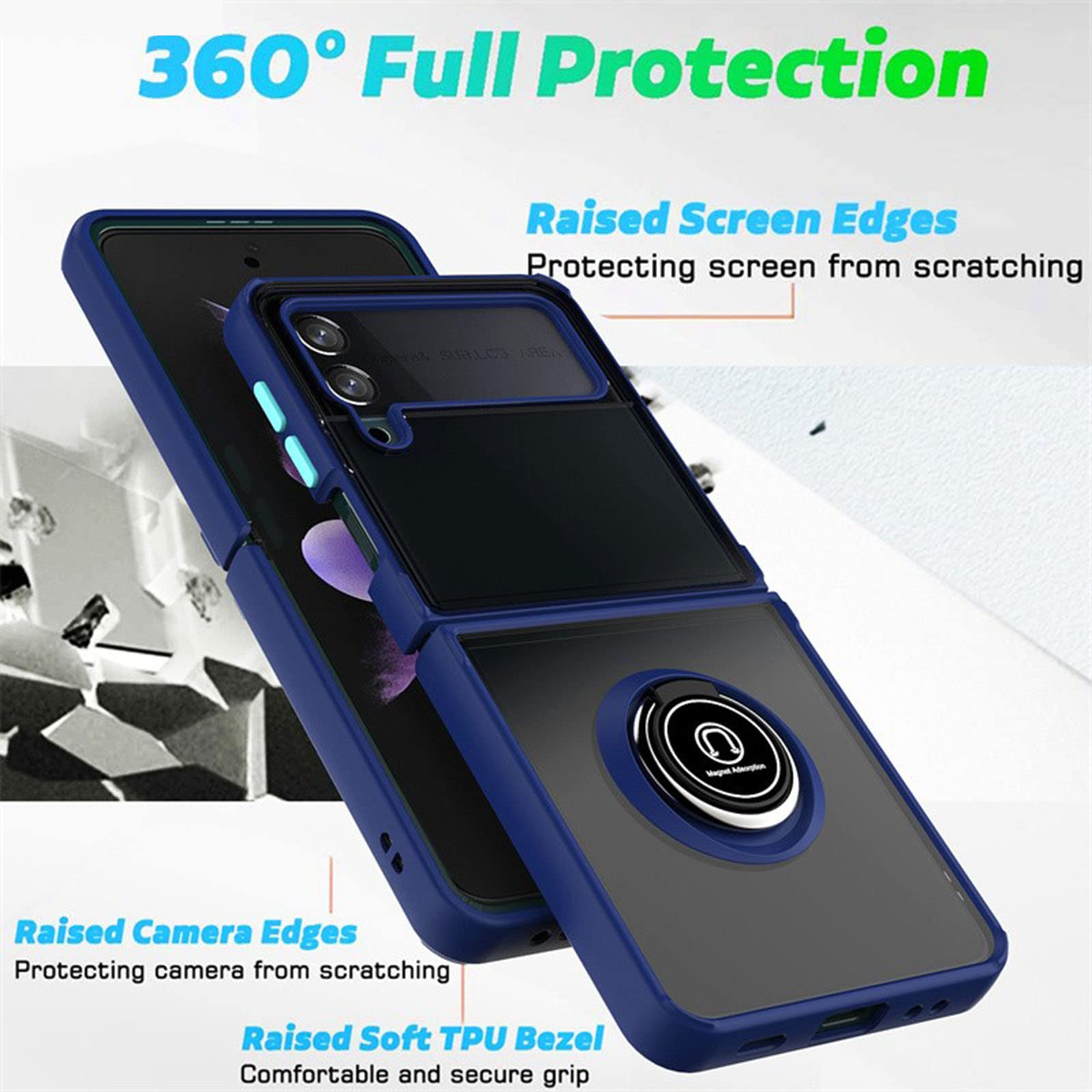 Coque pour Samsung Galaxy Z Flip 4, Housse De Protection avec Anneau De Support Hard PC Bumper Antichoc De Qualité Militaire Etui,Light Blue
