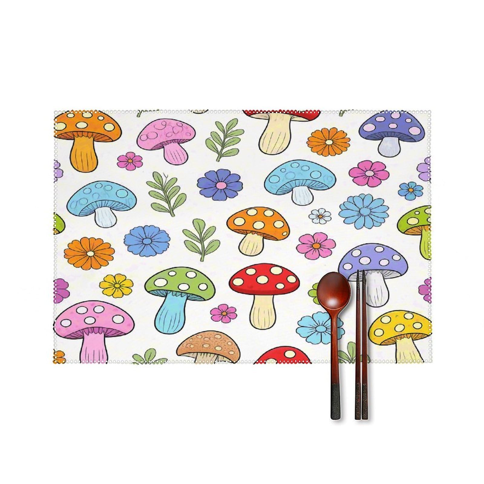 Cute Mushroom Placemats Set of 4 Heat Resistant Non-Slip Place Mats for Dining Table Washable Placemat Wipeable Dining Table Mat Canvas Place Mats Dining Table Decor