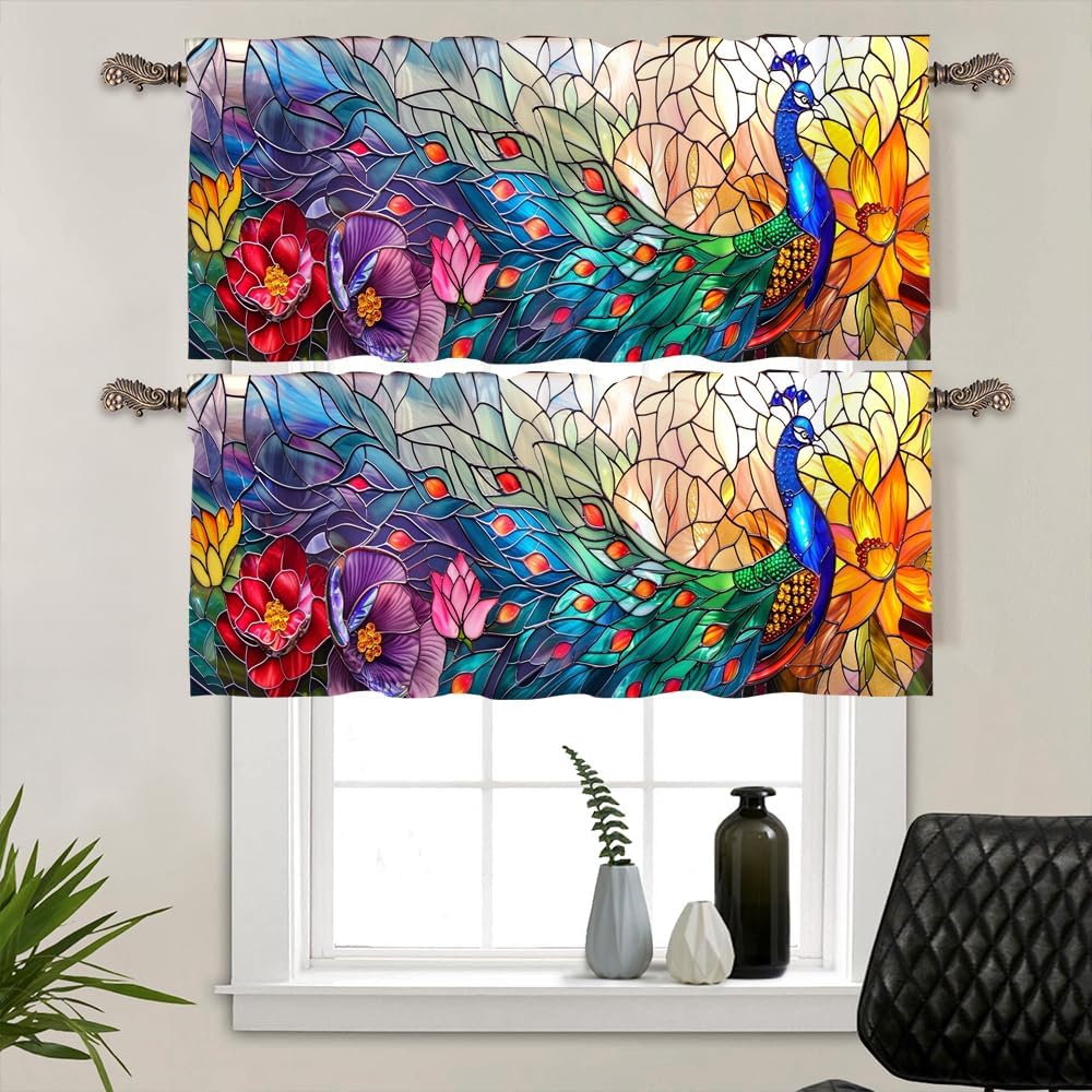 2 Panels Stained Glass Peacock Window Valances, Floral Plant Animal Window Treatment Decor Curtains Rod Pocket Valances for Kitchen/Living Room, 54" X 18"