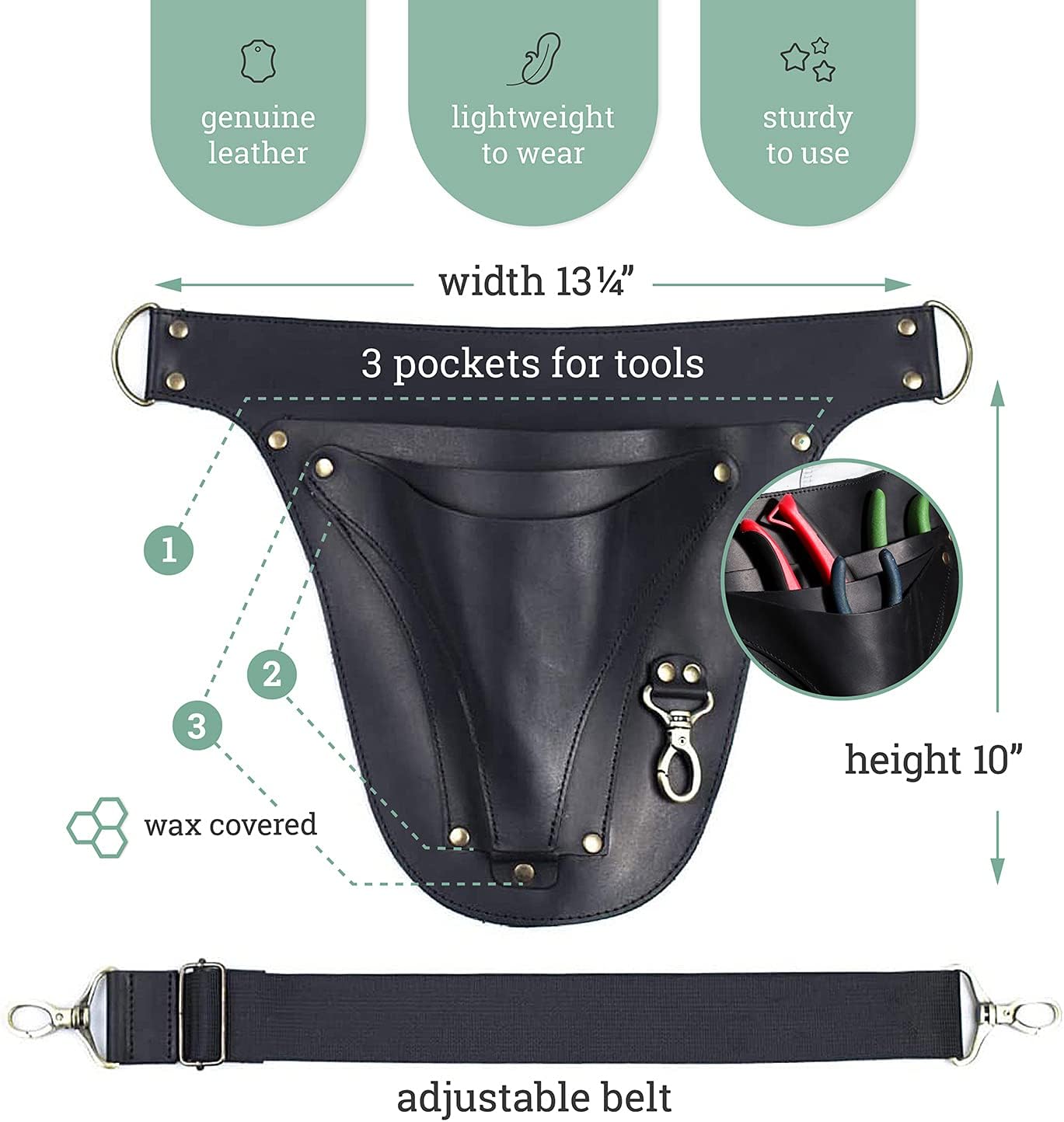 Leather Florist Tool Belt Bag for Gardening Farmer Tools Holster Pouch Small Carpenter Electrician Organizer (Black)