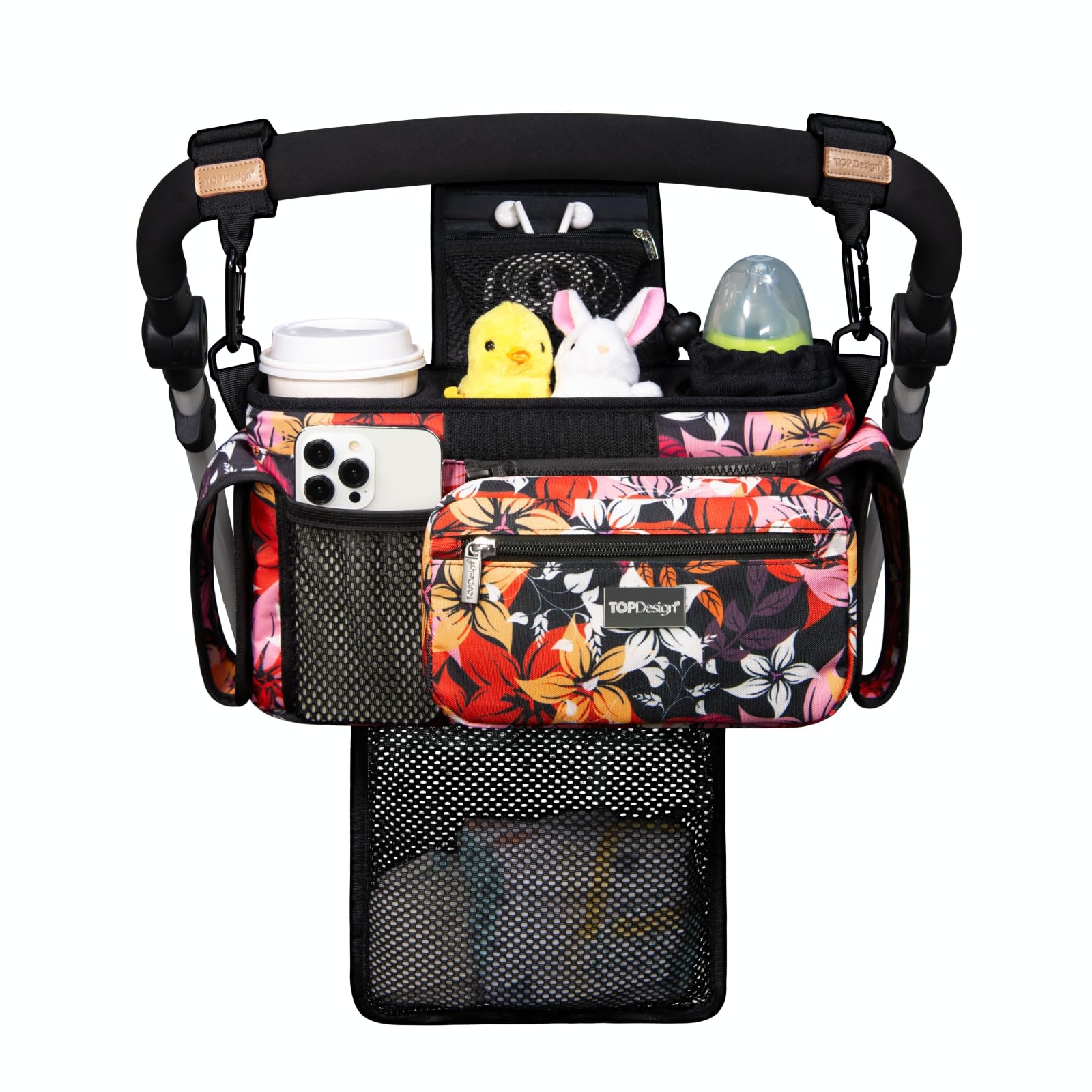 TOPDesign Universal Baby Stroller Organizer, Stroller Caddy with Detachable Mesh Bag & Heightened Insulated Cup Holders & Non-Slip Secure Hooks