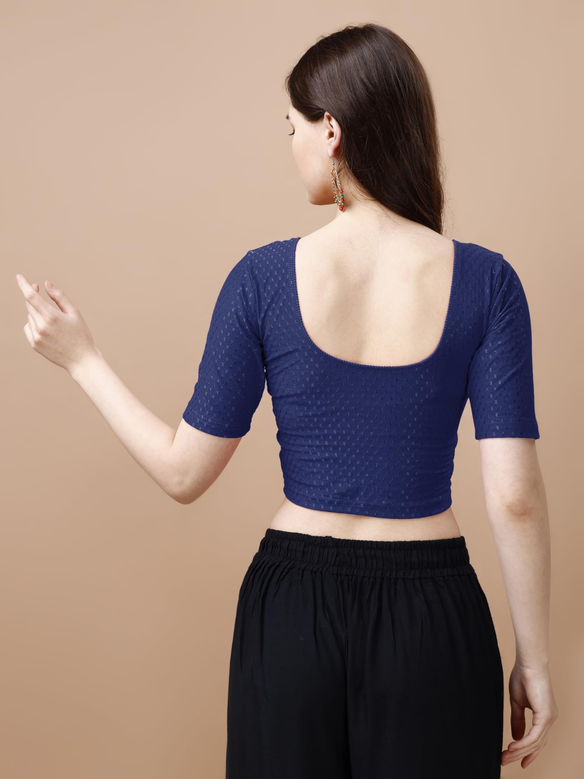 Pujia Mills Women's Readymade Dobby Cotton Lycra Stretchable Round Neck Half Sleeve Blouse Fancy Navy Blue Color Lycra Stretchable Blouse For Women Stylish Readymade Saree Blouse