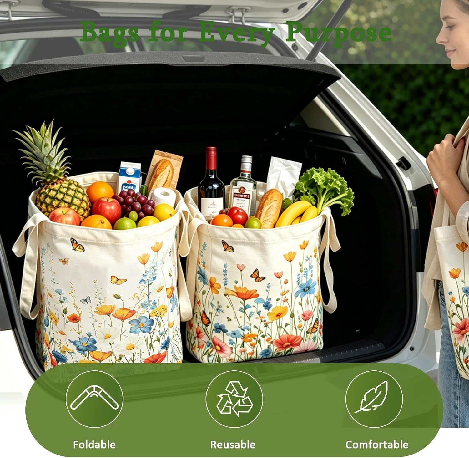 For 2 Pack Large Canvas Grocery Reusable Foldable Tote Bag