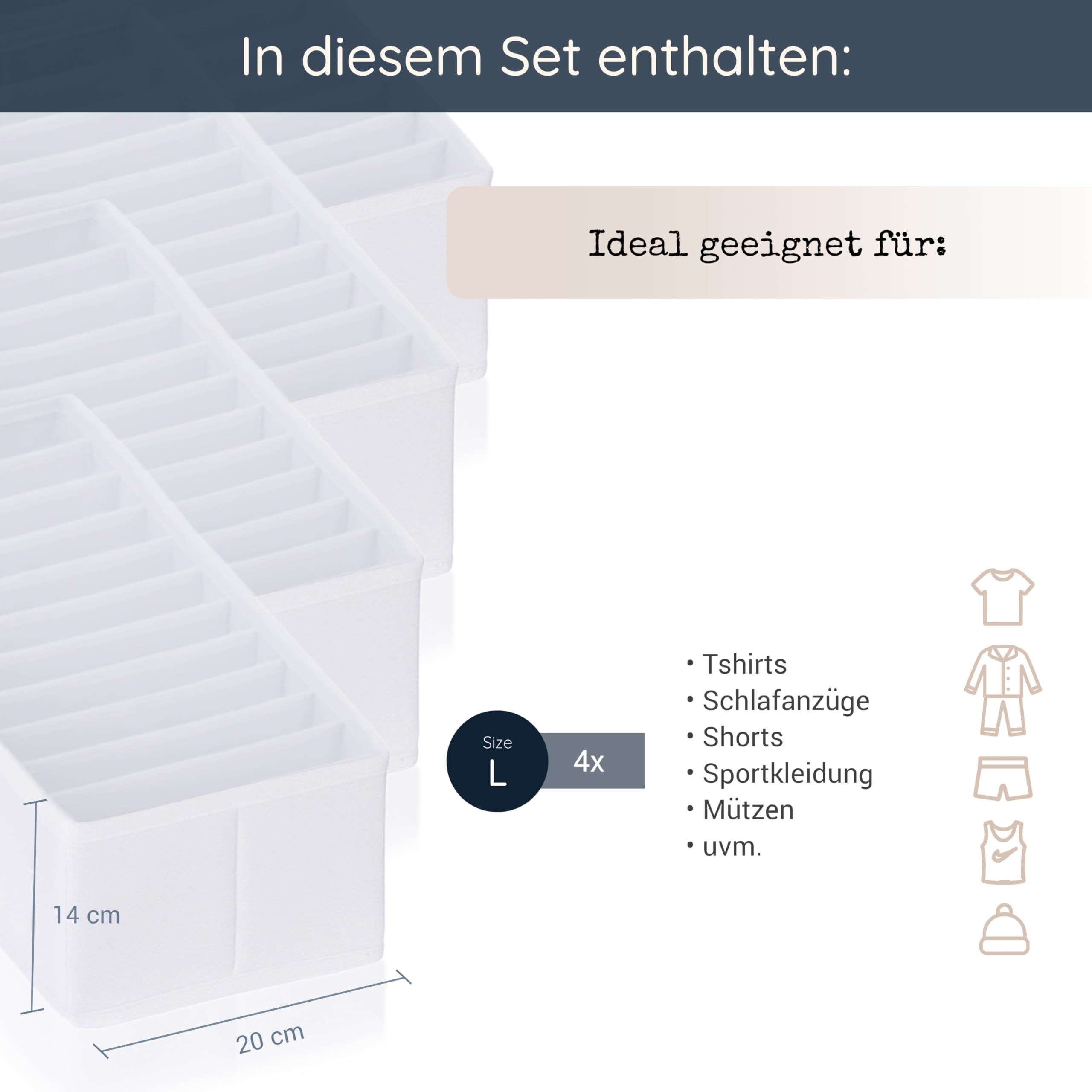 ROW&LINE® – Organizer – 11 extra hoge opbergvakken voor babykleding, sokken en kleding – Opbergsysteem voor de aankleedtafel – Strapless en wasbare stang voor uw kleding en manden – wit – maat