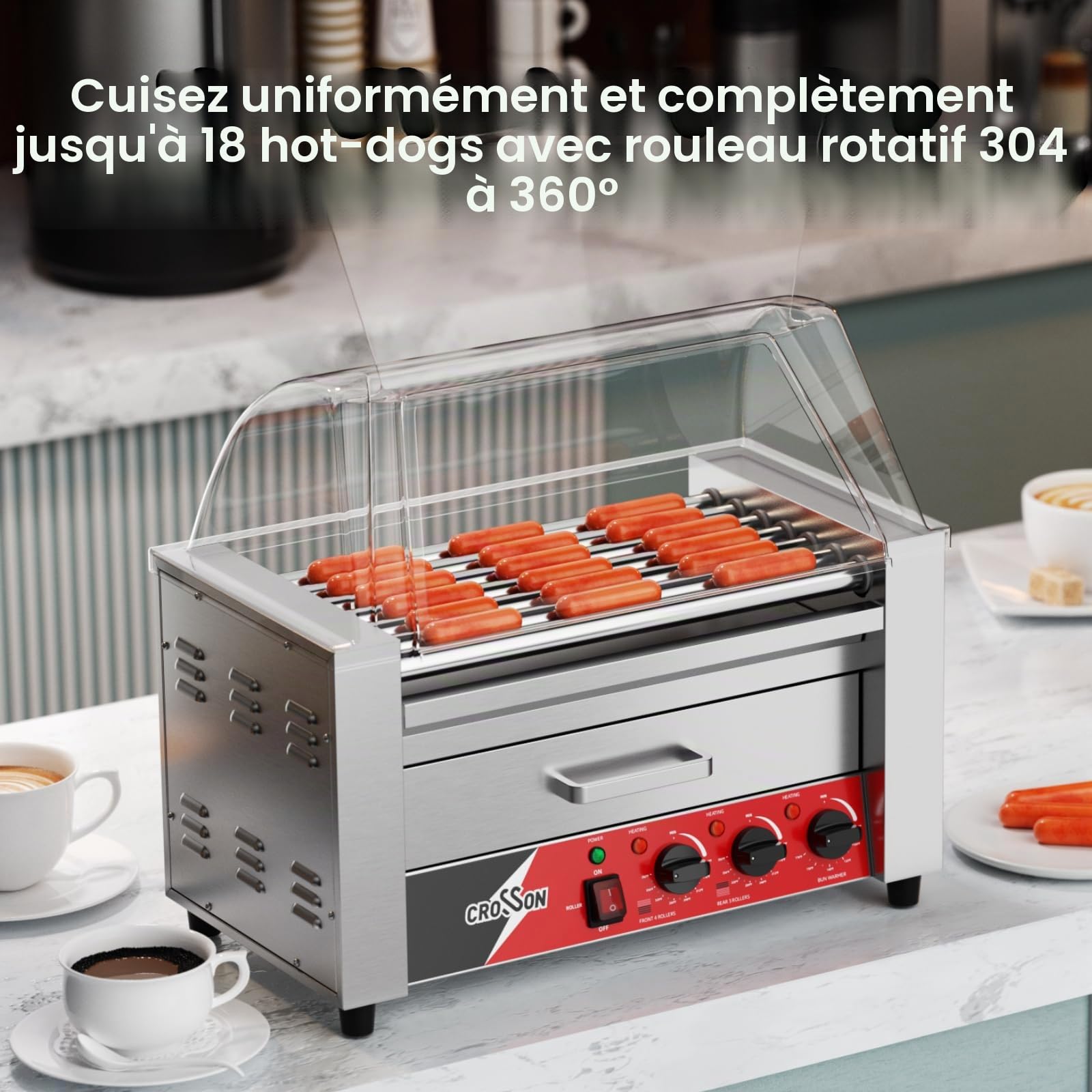 CROSSON 2 IN 1 Hot Dog Machine 7 Rouleaux avec Couvercle Visuel,1350W Machine à Hot Dog Professionnel avec Chauffe-pain en Acier Inoxydable,Double Contrôle de Température(espace pour 18 saucisses)
