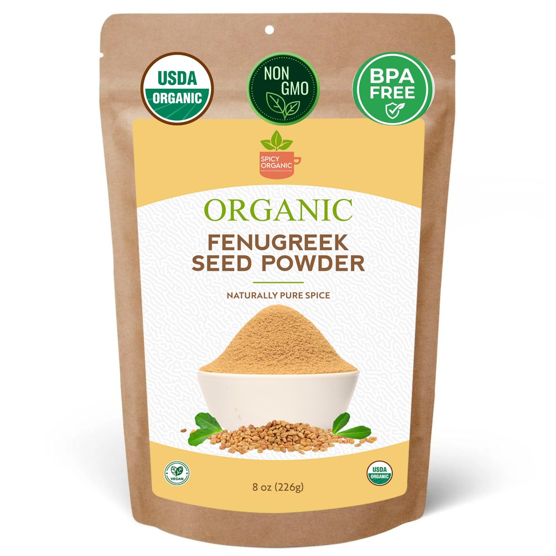 SPICY ORGANIC Fenugreek Powder - 8 OZ - USDA Certified Organic - Freshly Ground Indian Fenugreek Seeds for Hair, Tea & Robust Seasoning Spice in