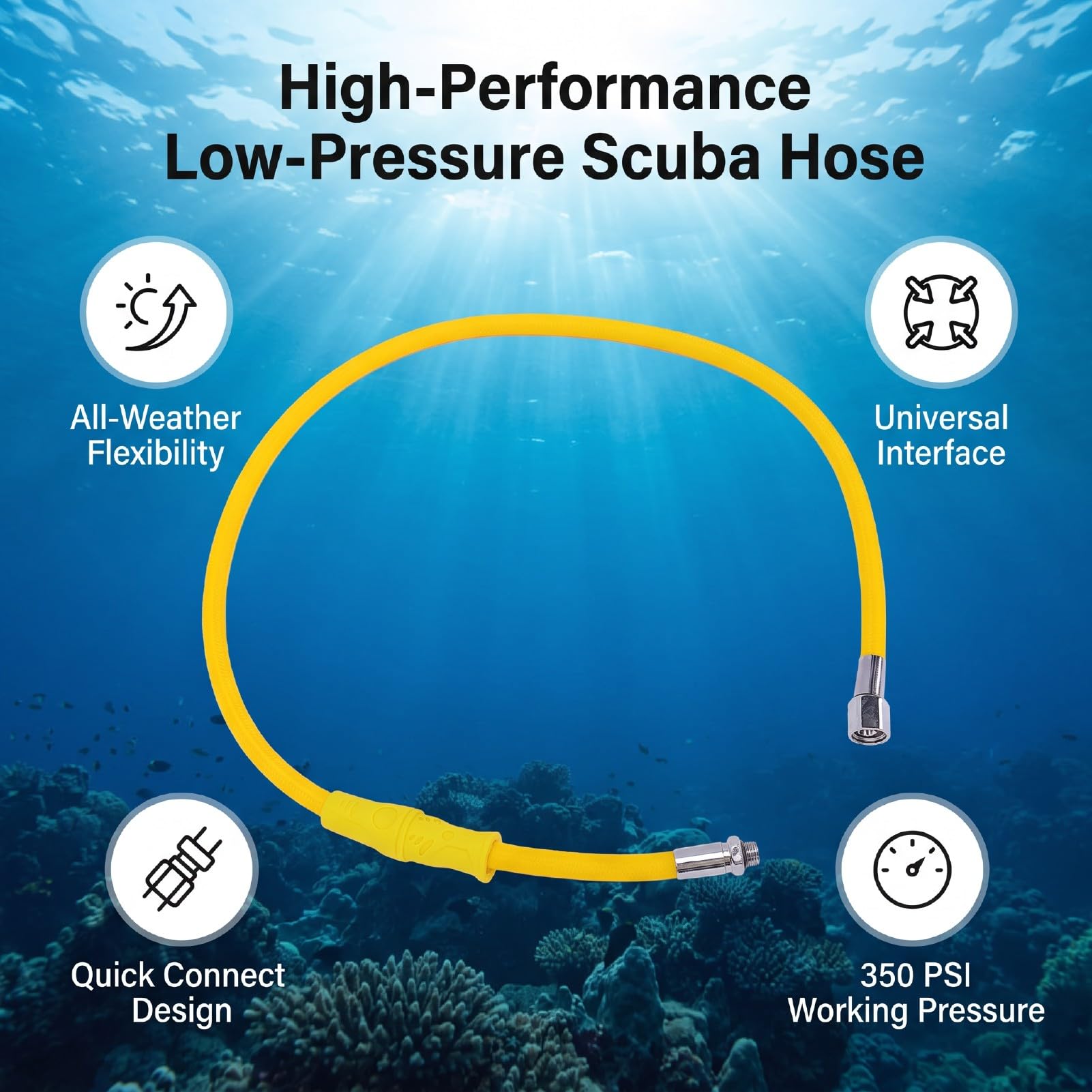 Tubo Flessibile per Immersioni Subacquee a Bassa Pressione 350 Psi | Costruzione in Aramide e Nylon, Resistenti All'acqua di Mare, Connettori Maschio-femmina, Attrezzatura GAV, Accessori per