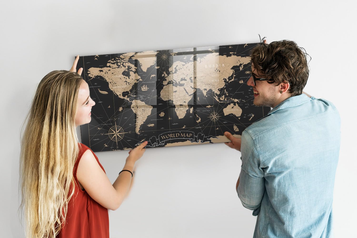 Magnettafel aus Glas mit Neodym-Magneten | Hochwertige Glasmagnettafel für Büro, Küche & Homeoffice | Schreibtafel abwischbar, kratzfest & modern im Design - 120x60cm Vintage-Weltkarte