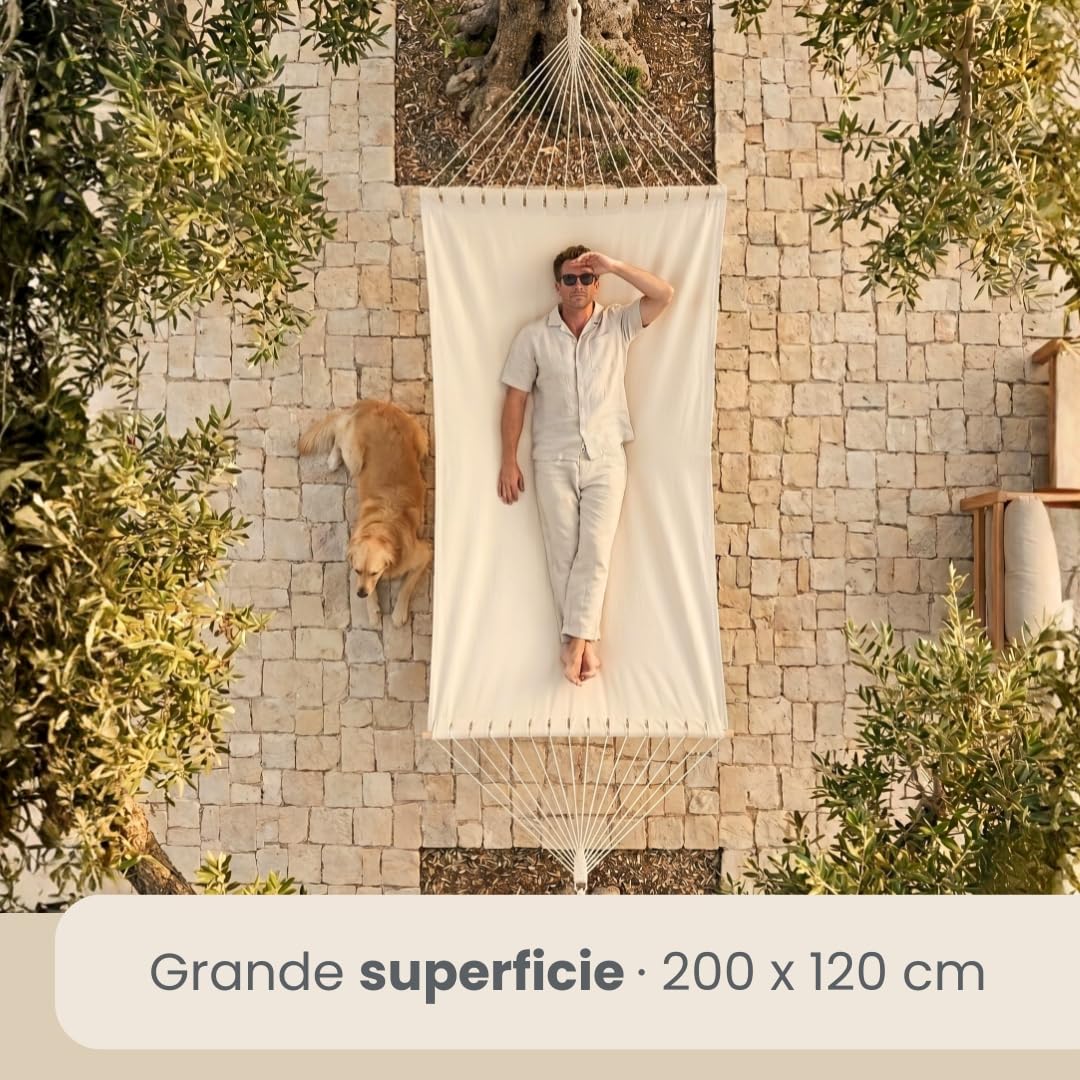 Amaca XXL 200x120 cm Beige Dondolo Doppio 2 Persone 150kg Cotone Robusto Esterno Interno Balcone Giardino