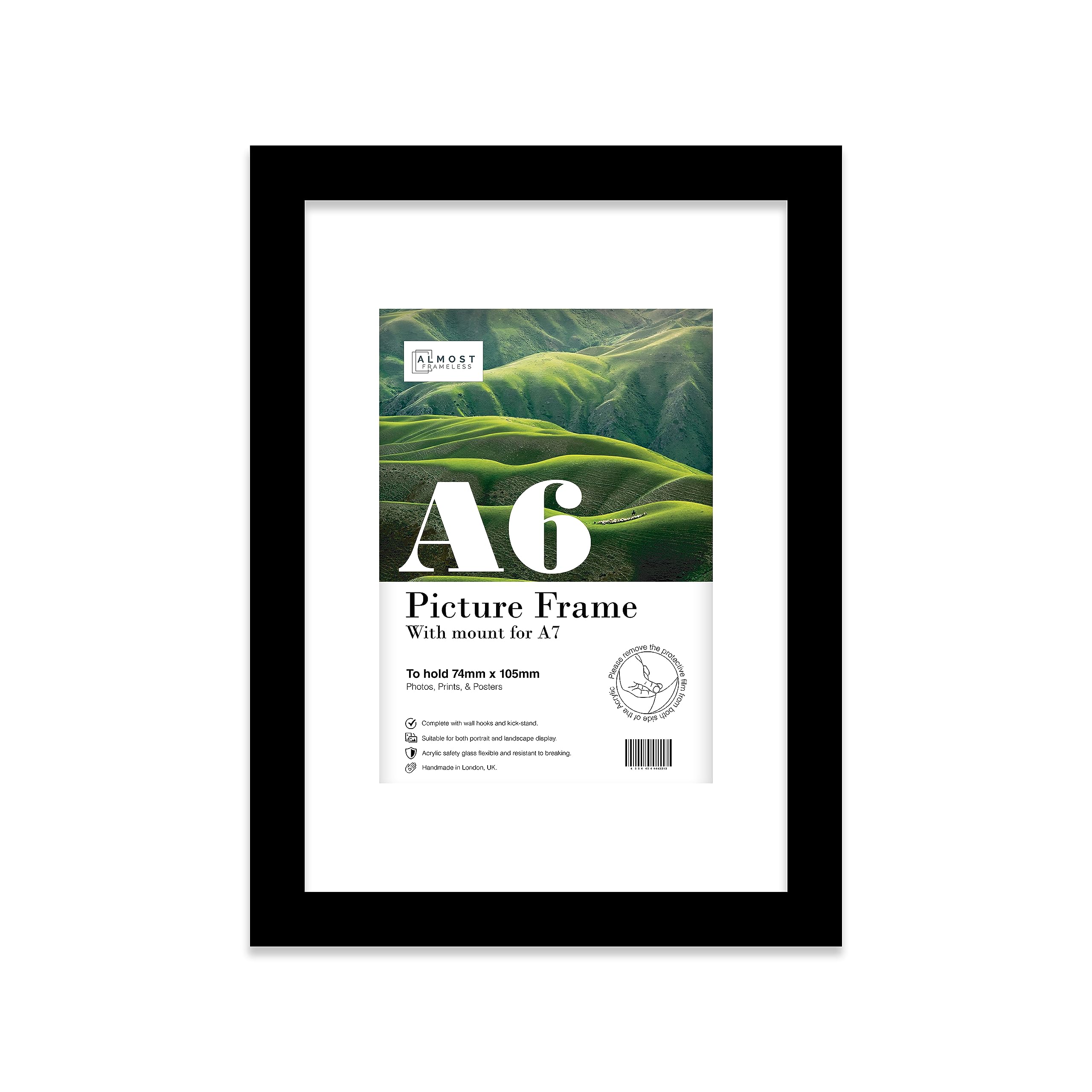 Almost Frameless A6 Black Picture Frame With Mount for A7 Print, Poster or Photo Poster, Photo, Artwork, or Print. Thin Edge Slim Frame Portrait and Landscape Display with Wall Hooks โ image 1