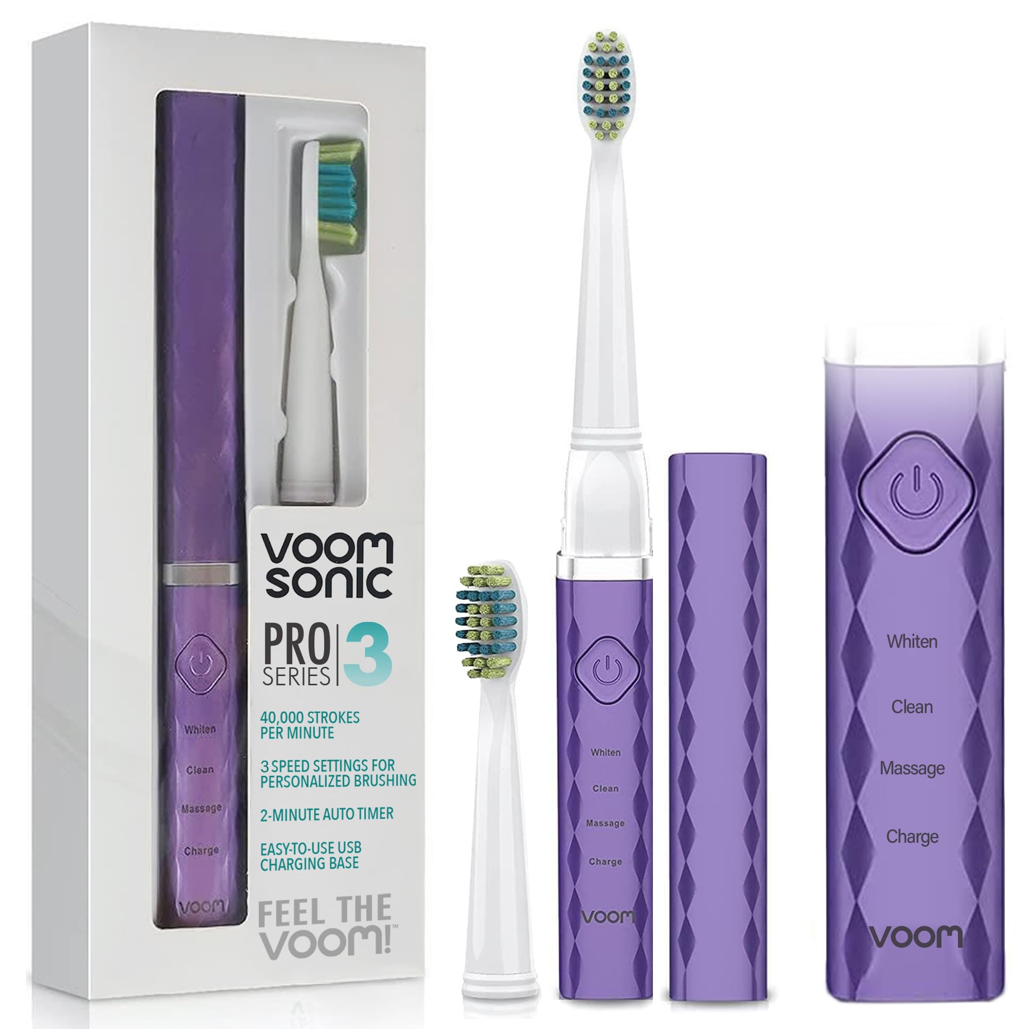 Voom Sonic Pro 3 Spazzolino elettrico ricaricabile con setole morbide in nylon Dupont consigliato dal dentista per l'igiene orale portatile, timer di 2 minuti, 3 velocità regolabili, design leggero
