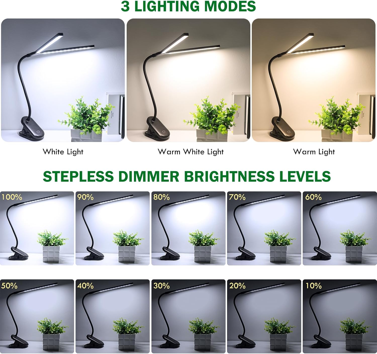 deaunbr LED Reading Light with Clip, Desk Lamp 48 LEDs 2600mAh Battery USB Rechargeable Book Lights Stepless Adjustable Brightness Eye Protection Table Lamps for Bed Headboard, Home, Office - Black