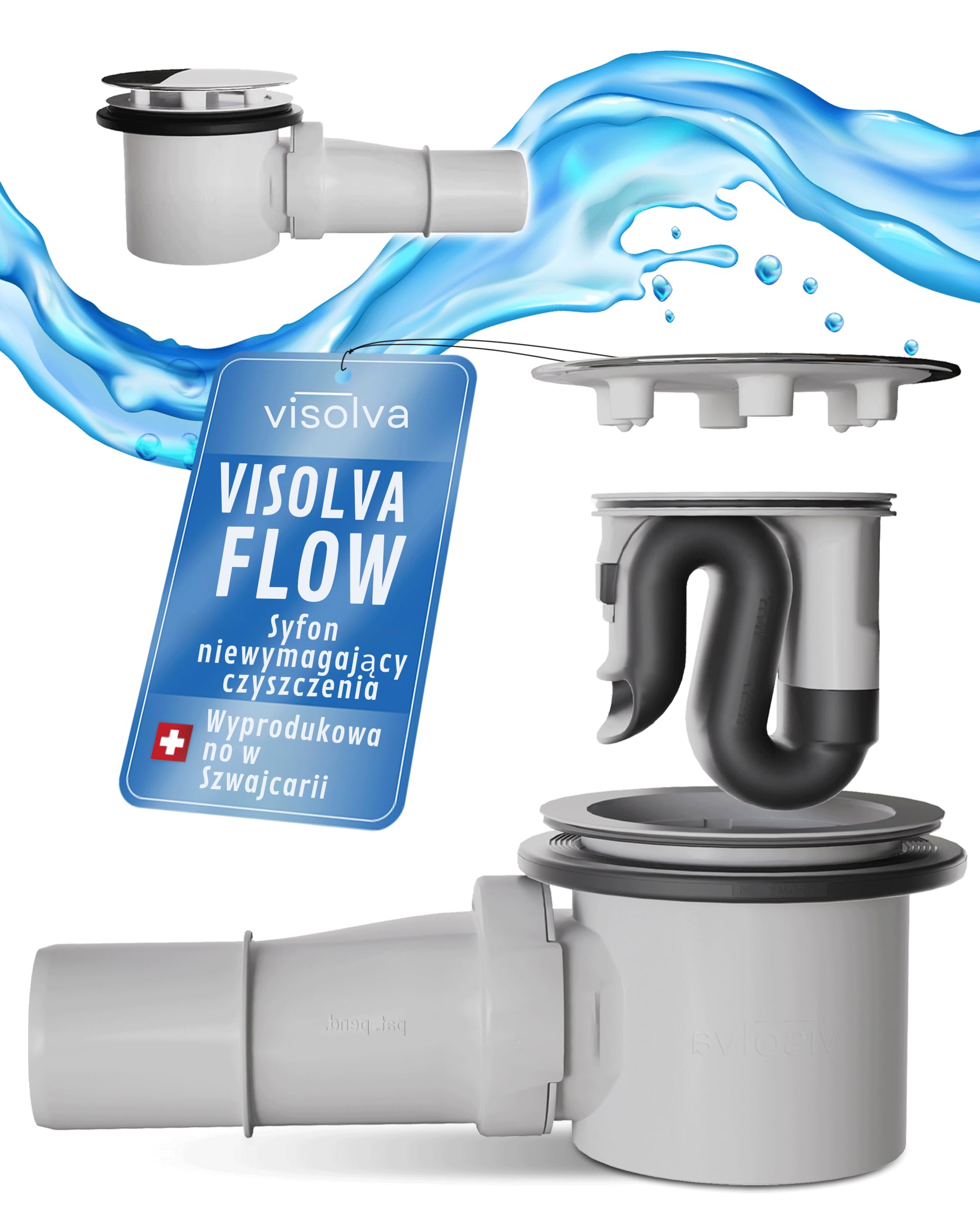 Flow syfon do brodzika prysznicowego, 90 mm, zapobiega zapchaniu się i zapachom, idealny do budowy i renowacji, ze Szwajcarii