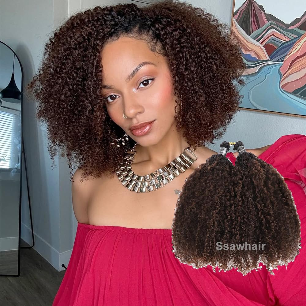 #T1B/4 Medium Brown Afro Kinky Curly Crochet Human Hair With Dark Roots Pre-Separated Tight Curly Human Hair Feather Crochet Hair Extensions 18Inch 120g 100Strands