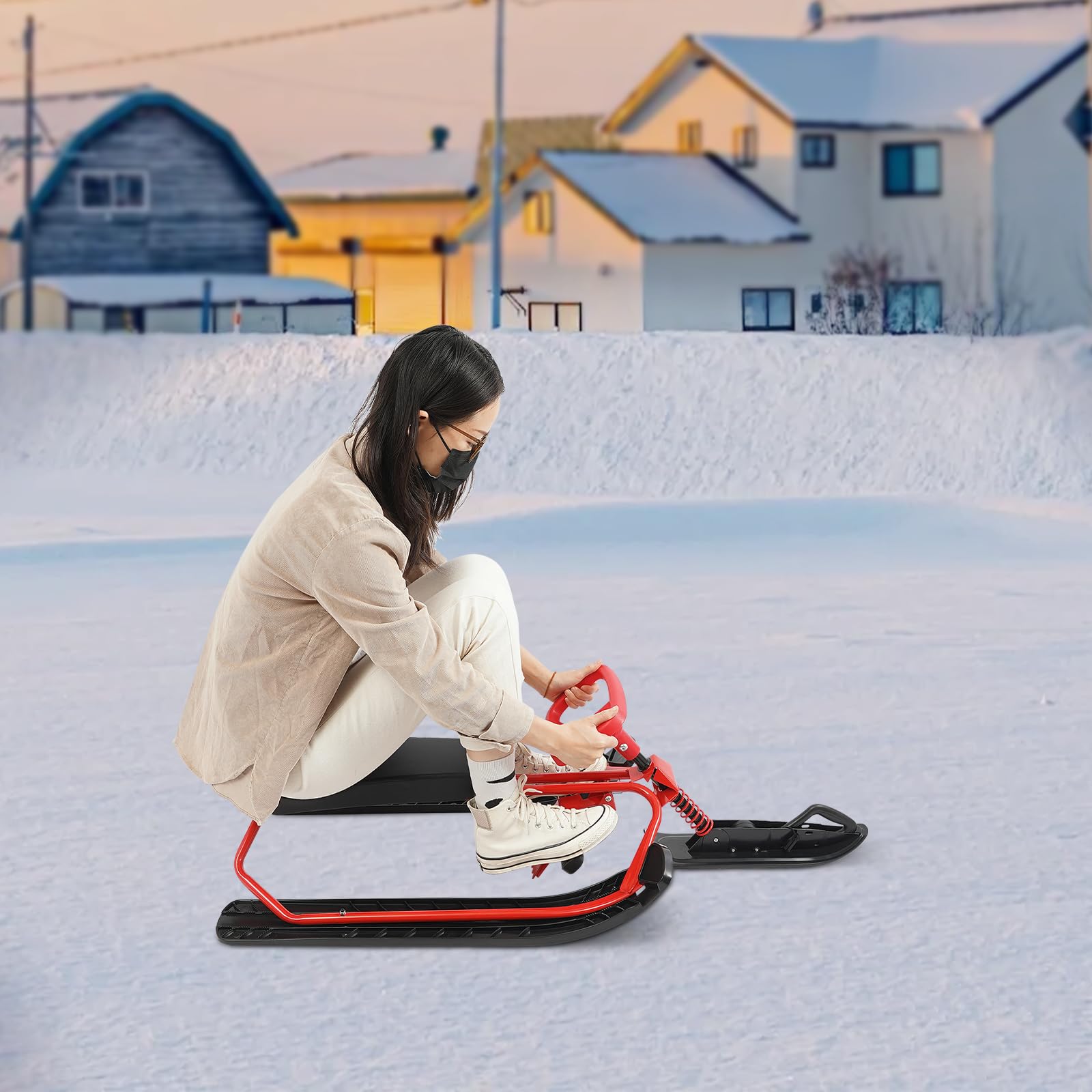 Luge d'hiver avec volant, luge de ski pour adultes avec volant pour sports d'hiver, snowboard avec grande capacité de charge jusqu'à 100 kg, pour le ski et la luge par temps froid