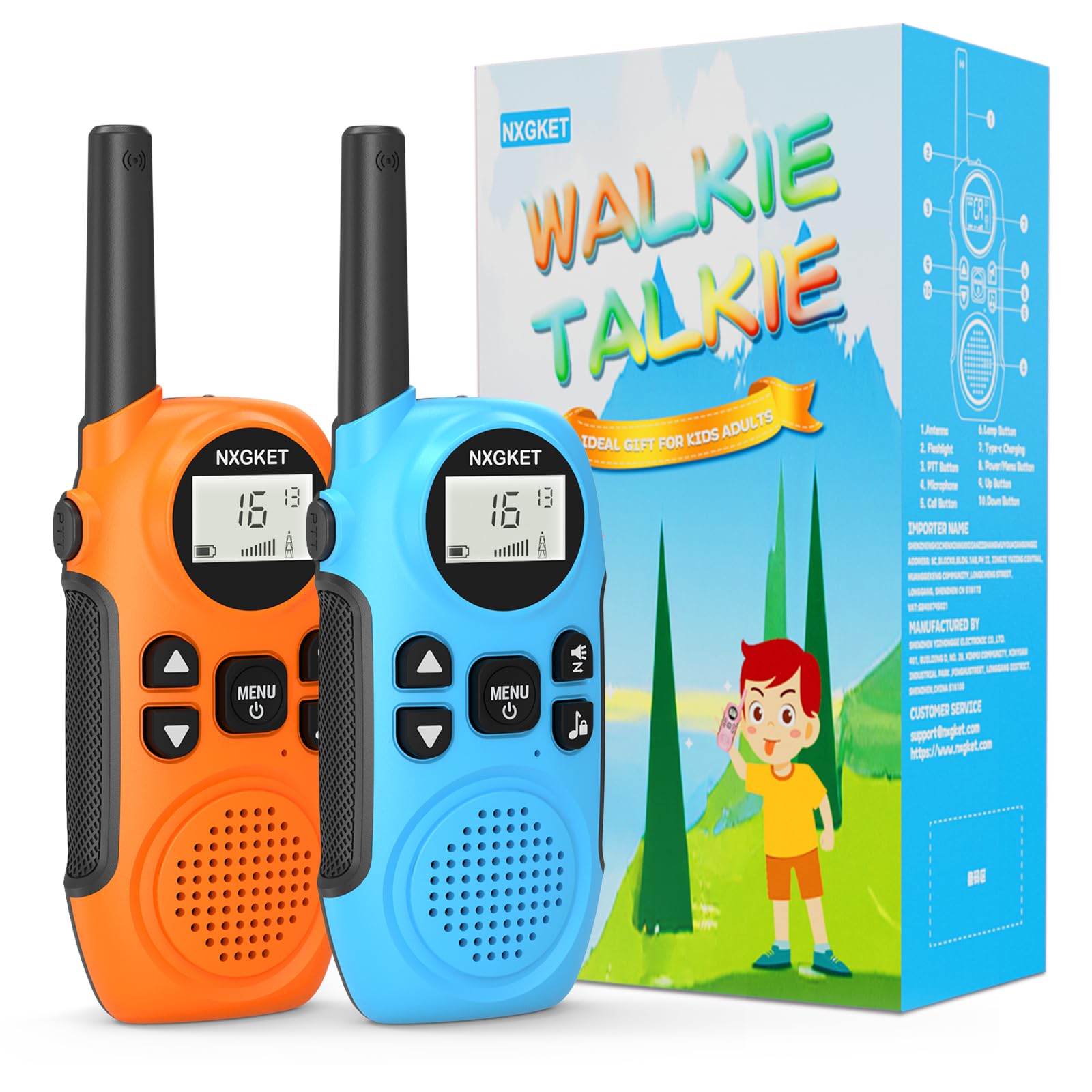 Walkie Talkies Long Range, PMR446 Rechargeable 2 Way Radios 16 Channels with 1200mAh Li-ion Battery, USB-C Cable, VOX for Kids Boys Girls Outdoor Camping Hiking 2 Pack(Orange&Blue)