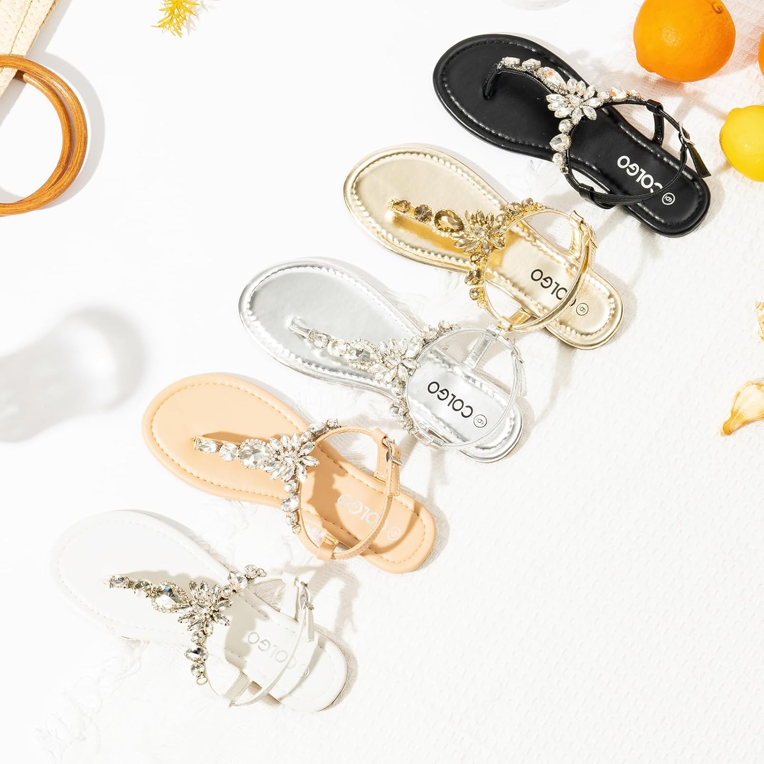 Colgo Women's T-Strap Flat Sandals, Elegant Glitter Rhinestone Thong Dress Shoes, Comfortable Wedding Sandals for Summer Beach Parties