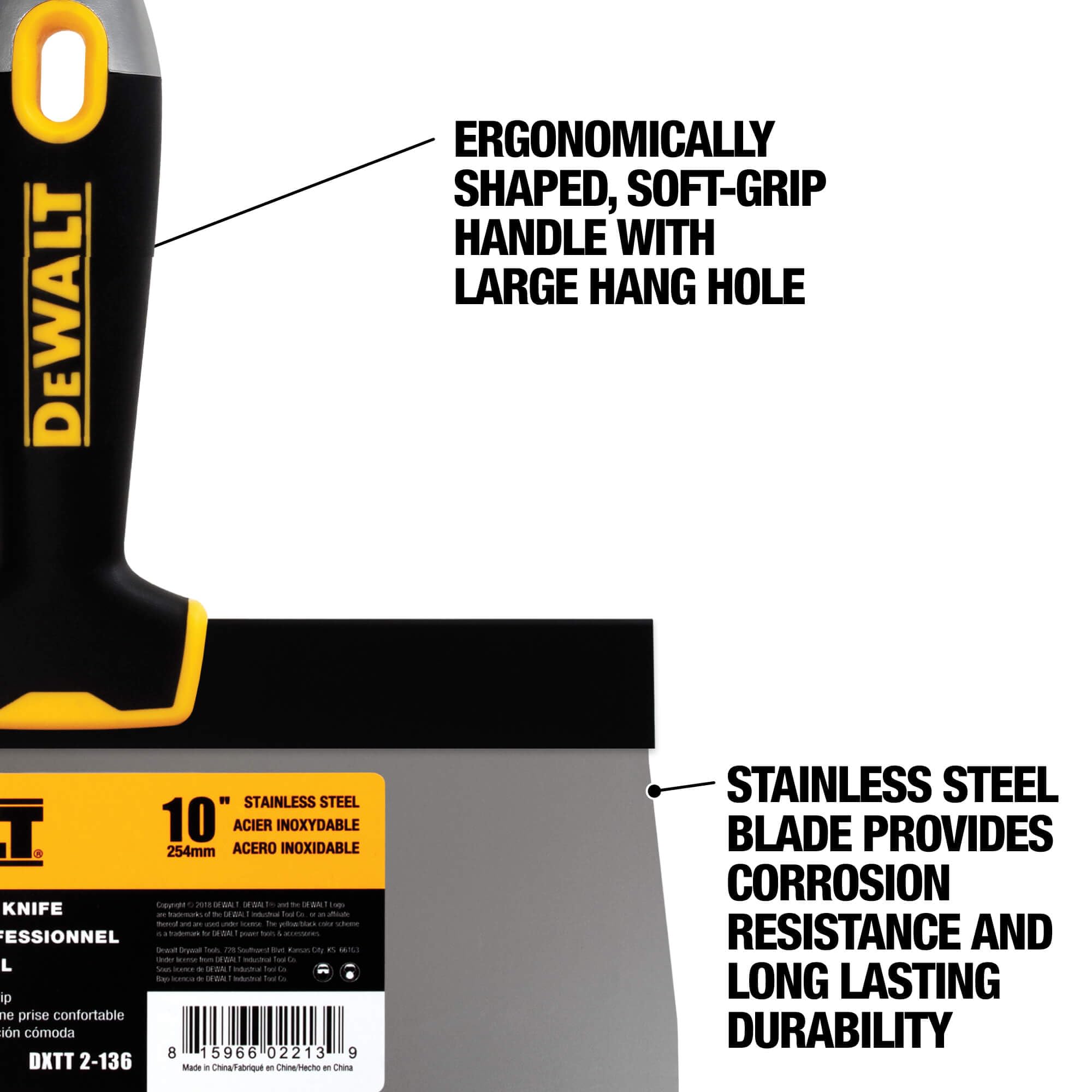 DEWALT Cuchillo de cinta de 10 pulgadas | Acero inoxidable con mango de agarre suave | DXTT-2-136