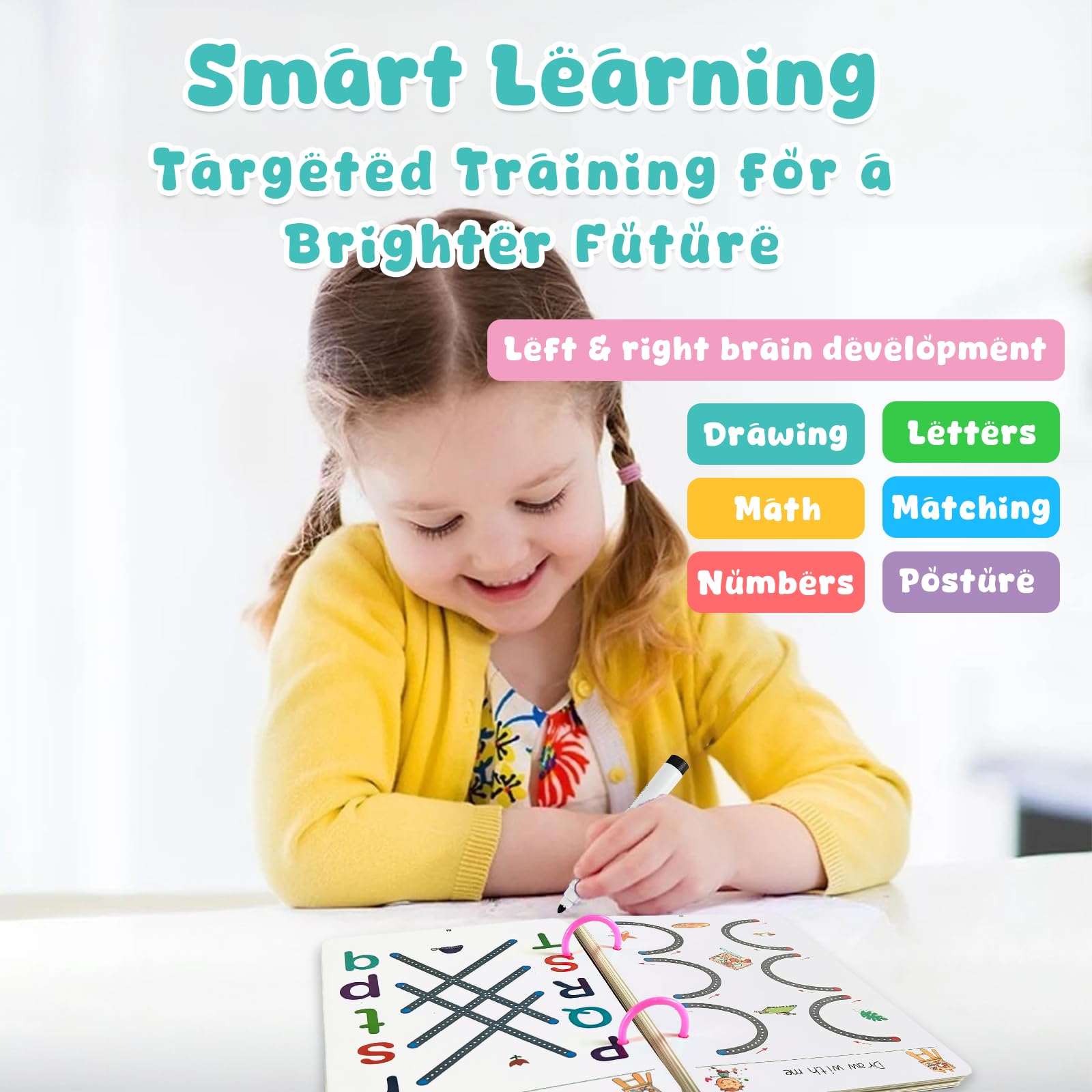 Scribble Smart Workbook Libro per Imparare a Scrivere Cancellabile Pregrafismo Riutilizzabile Prescolare Attività Bambini 3-6 Livello 1+4