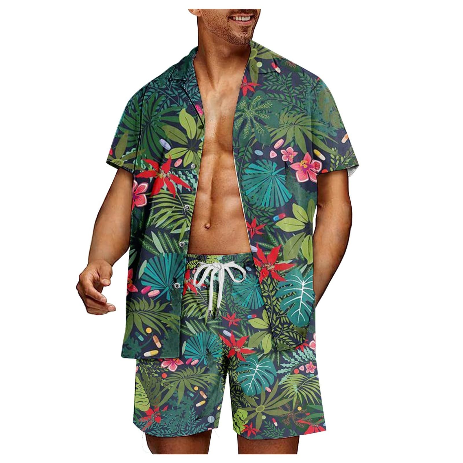 Conjuntos de Playa con Botones Y Forro de CompresióN Traje Hawaiano Camisa Manga Corta Y Pantalones Cortos Conjunto de Vacaciones para Hombres 2 Piezas Camisa Hawaiana Y Conjunto Corto