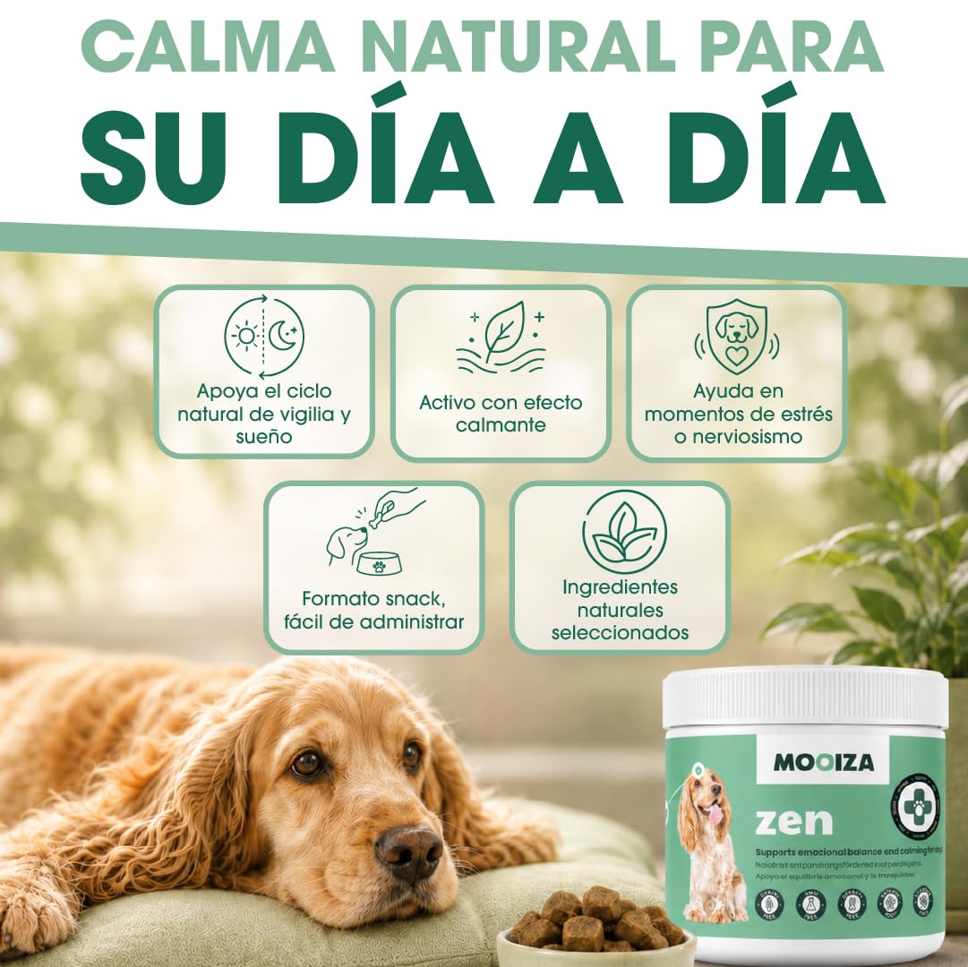 Calmante Perros 100% Natural - Ansiedad Antiestrés para Perro con L-Triptófano Valeriana Hipérico - Snacks para Perros 300g en Formato Galletas Semi Blandas - MOOIZA