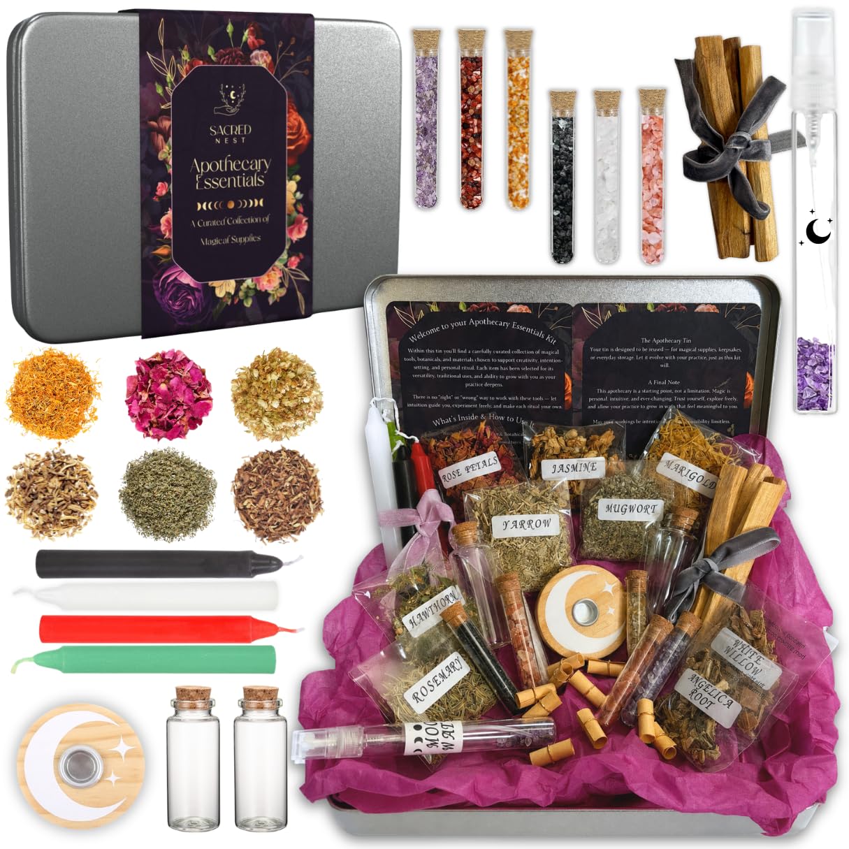 Witchcraft Supplies Kit, Witchy Gift Tin with Herbs, Crystals & Candles