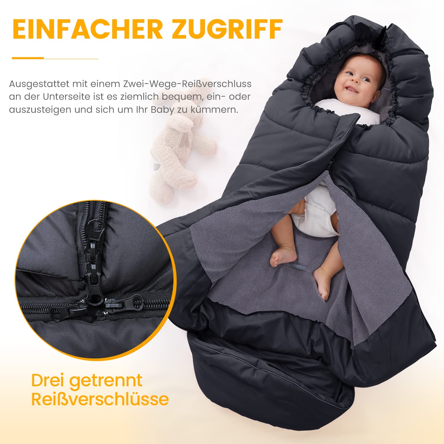 Orzbow Fußsack Kinderwagen Winter, Polar Fleece, Reißverschluss, Reflektorstreifen, Wasserdicht, Maschinenwaschbar, Schwarz