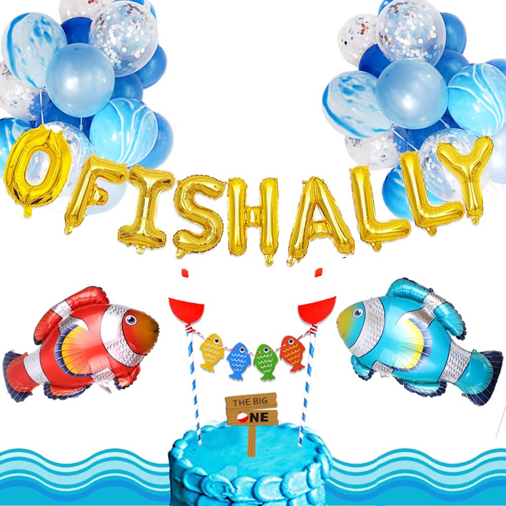 LaVentyOfishally One Birthday Decoration The Big One 1st Birthday Fisherman Banner Fishing Party Supplies 19 Blue & Gold Balloons Cake Topper & Letters