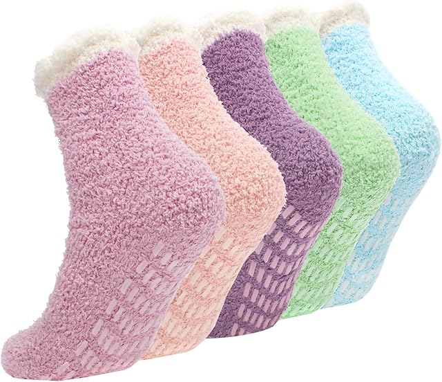 Fluffy Slipper Socks for Women - 5 Pairs Warm Bed Socks with Grips Soft Thermal Non Slip Cosy Fuzzy Socks for Home Sleeping