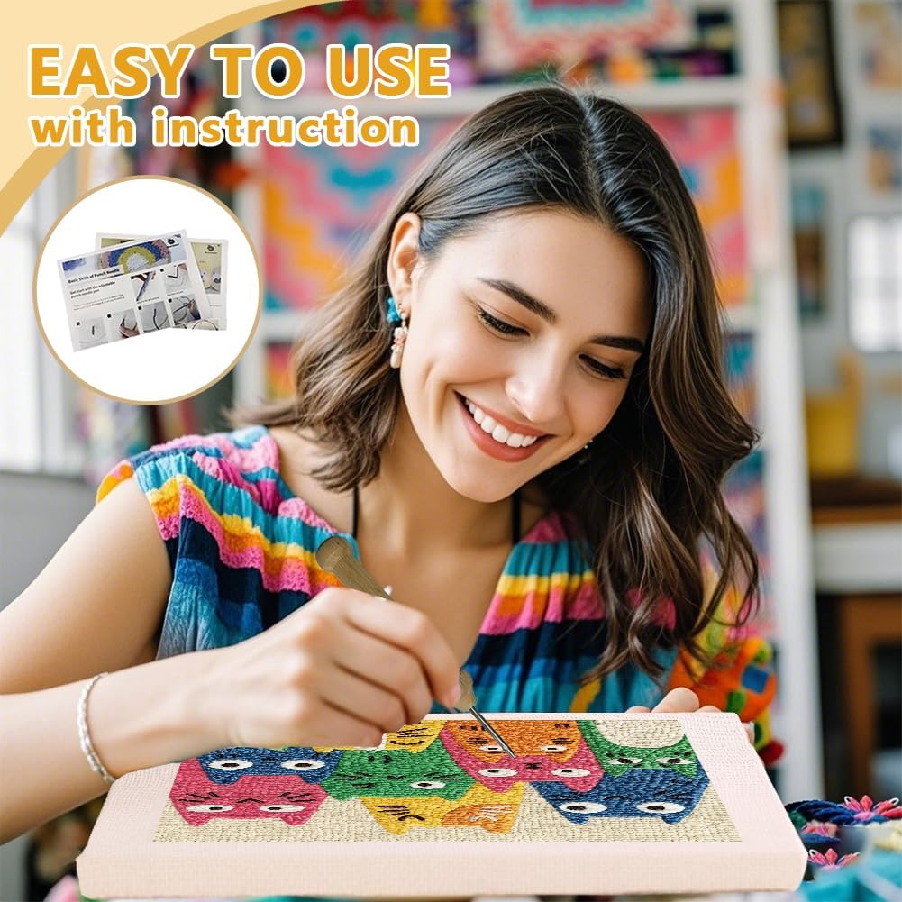 DOODLREAM Colorful Cats DIY Punch Needle Embroidery Kit for Adult Beginner, 9.4" Cartoon Kitten Punch Stitching Craft Set for Starter with Frame,Fabric Pattern,Threader, Yarn, Pinch Needle