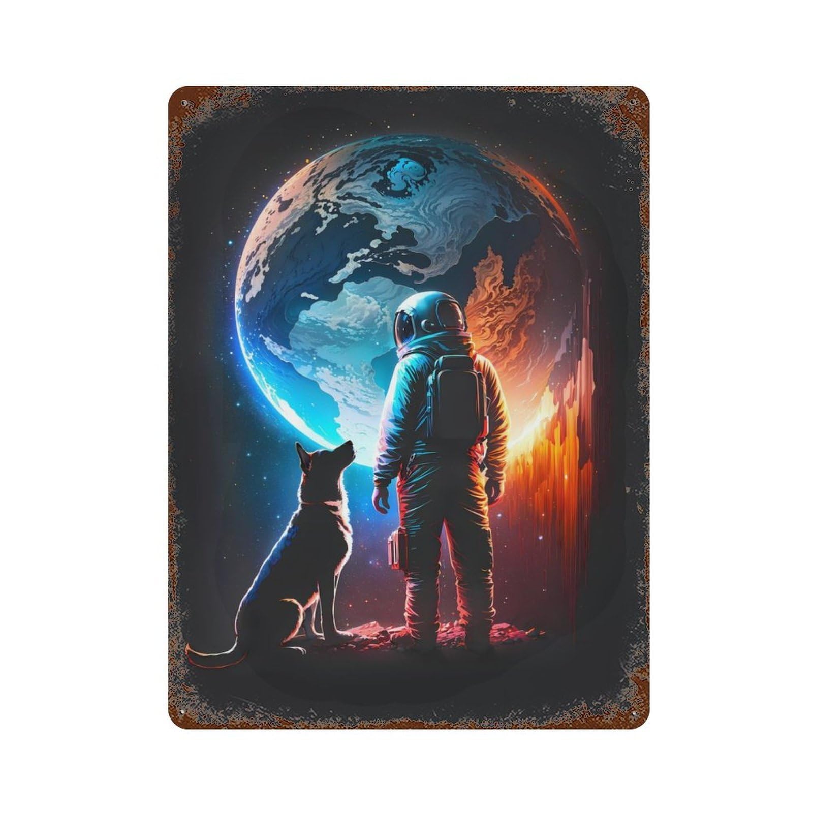 Garage Style Astronaut And Dog Journey Aged Metal Wall Plaque 15.7"x11.8", Farmhouse Wall Decor for Bar And Workshop