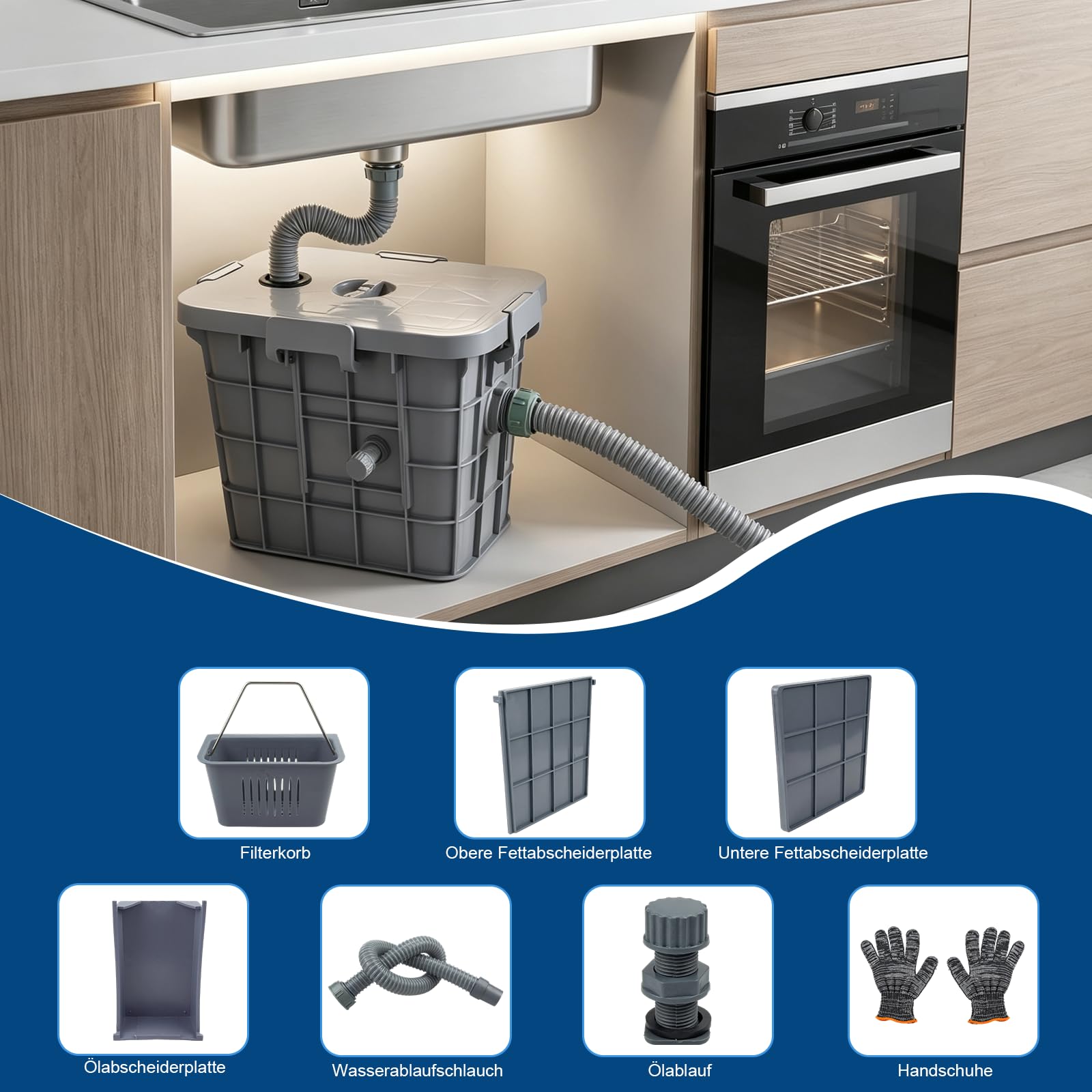 Kommerzieller Fettabscheider, 15L Öl Wasserabscheider mit 1 oberen Einlass, PP Removable Baffles zur Trennung von Altöl, Fett und Wasser verwendet für Restaurant Küchen 37x26x30cm