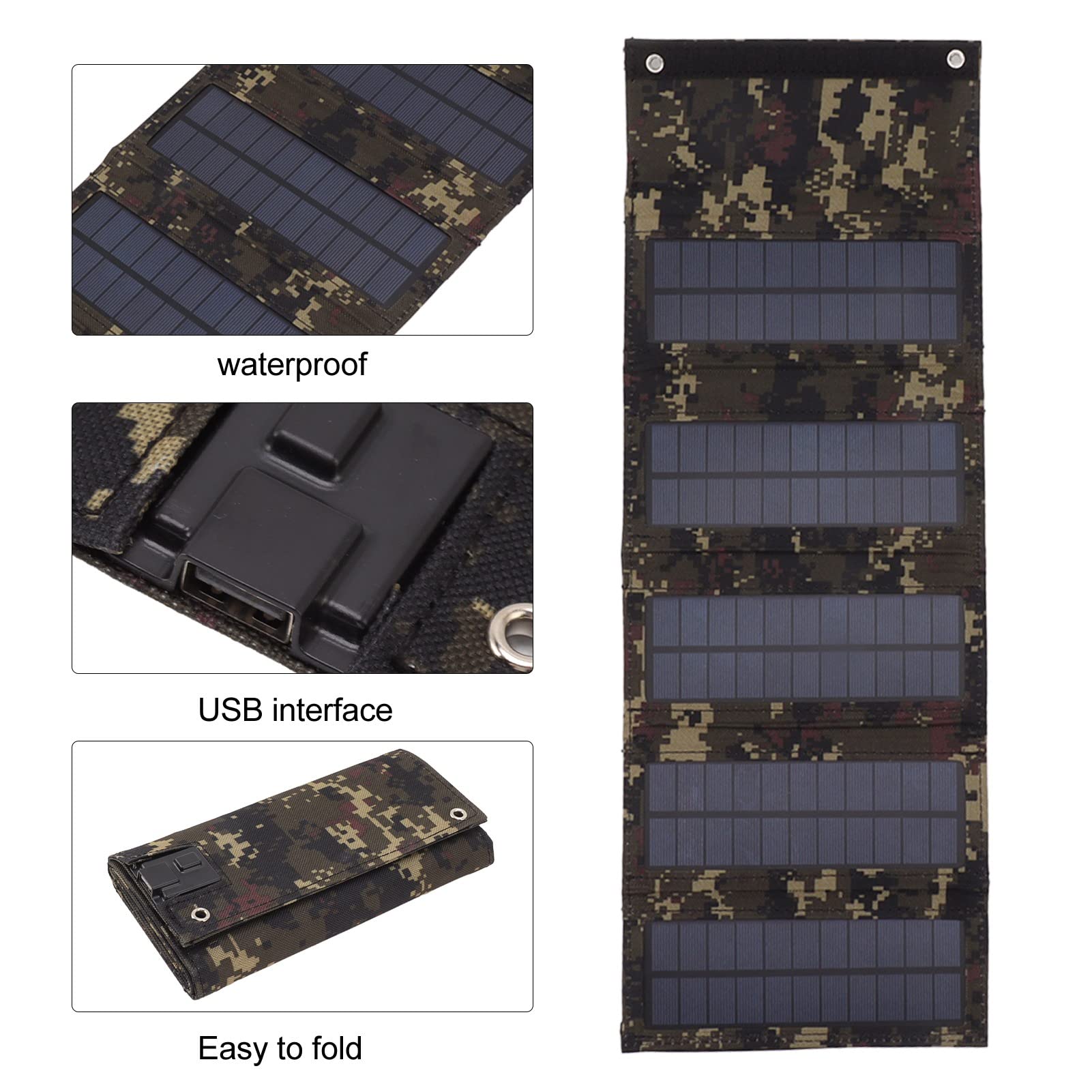 50W 18V Panneau Solaire Pliable Portable, Chargeur Solaire Extérieur avec 5 Panneaux Solaires Pliables, Compatible avec Smartphones et Ordinateurs Portables(Camouflage)