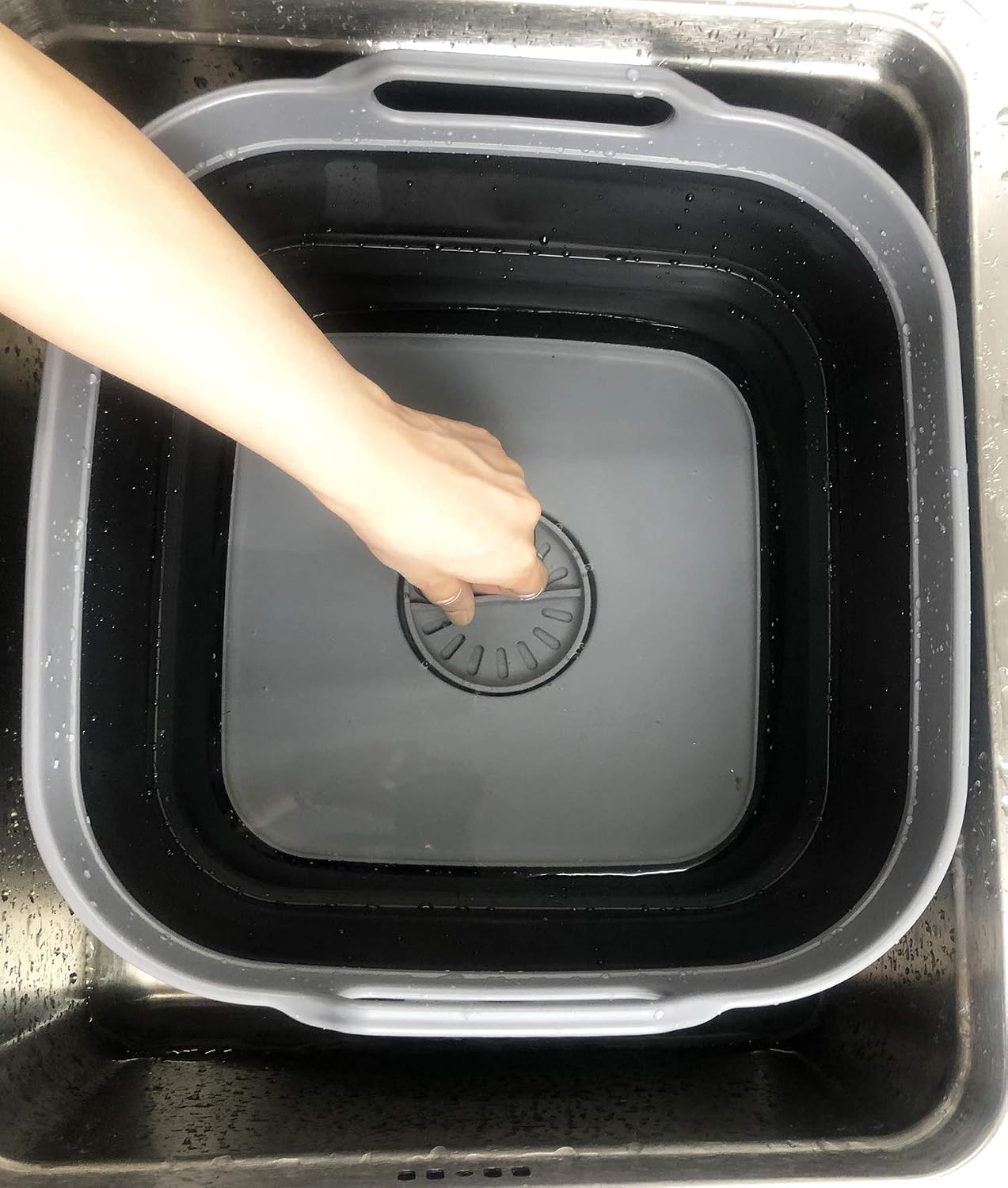 SAMMART 10L (2.64 gallon) Collapsible Dishpan with Draining Plug - Foldable Washing Basin - Portable Dish Washing Tub - Space Saving Kitchen Storage Tray (1, Grey/Black)