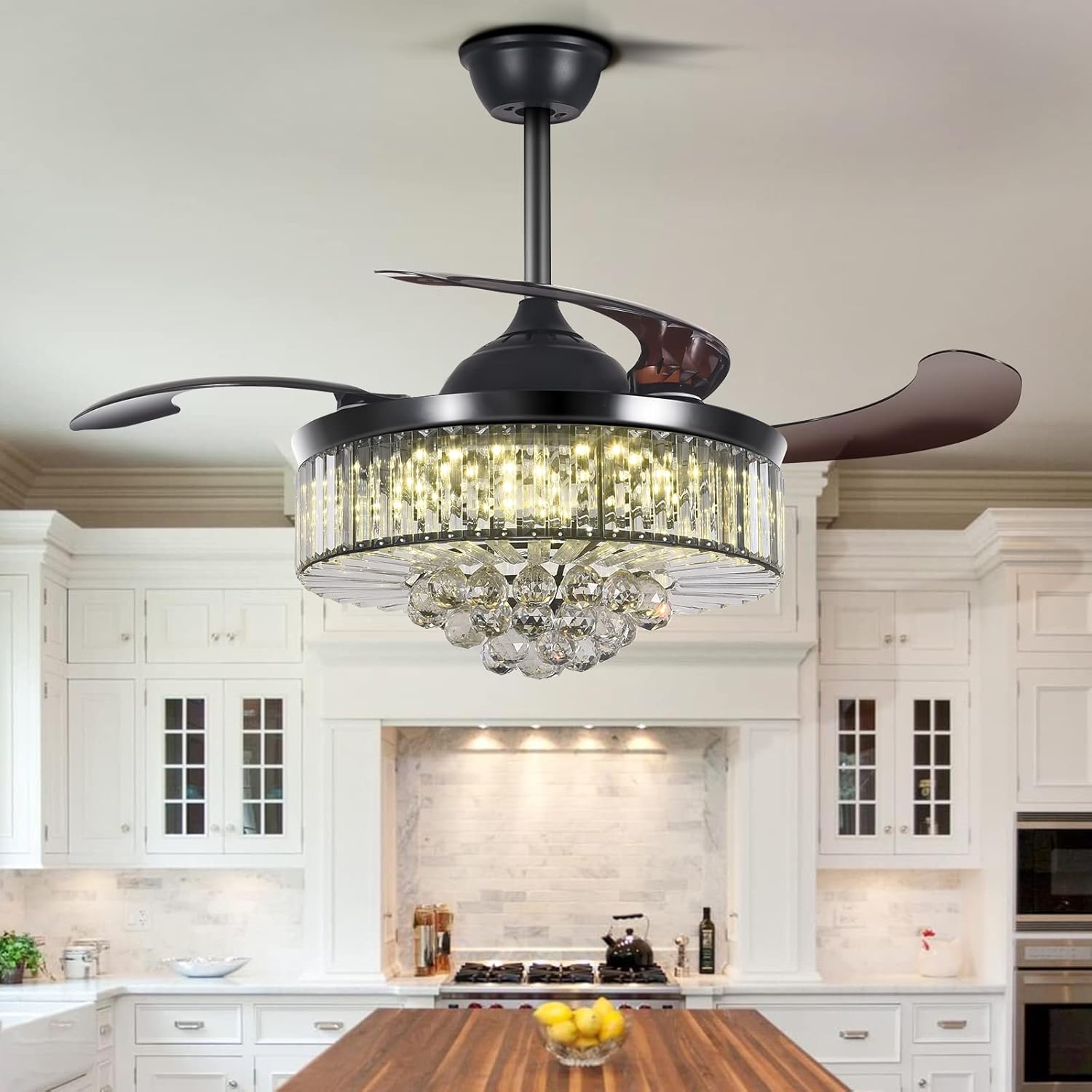 42'' Modern Fandelier Crystal Ceiling Fan with Light, Black Crystal Chandelier Ceiling Fan Remote Control 3 LED Lights 3 Speeds Retractable Fandelier Lighting for Bedroom Living Room