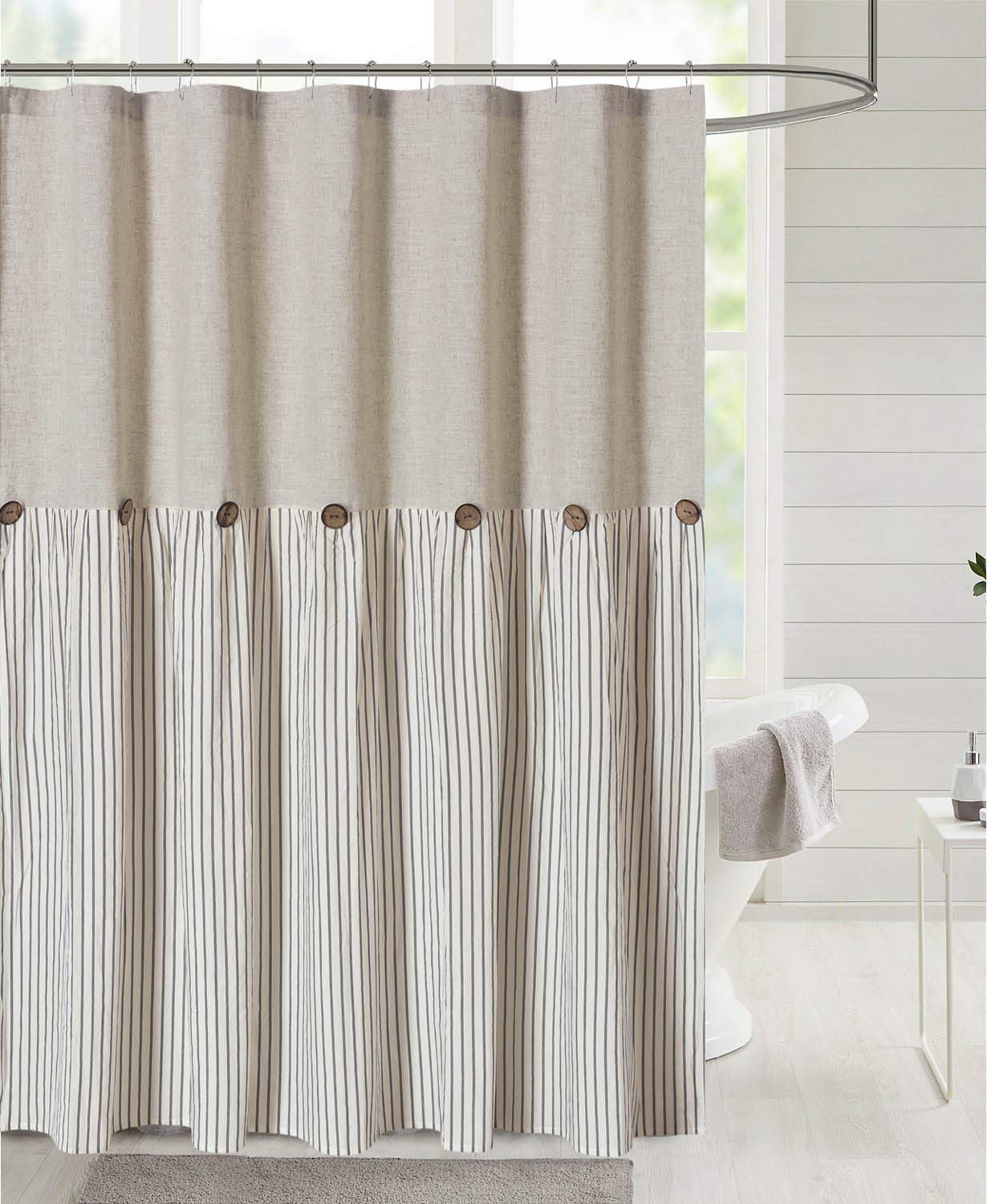 Farmhouse Shower Curtain,Beige and Gray Stripe,Button Curtain,Linen and Cotton Woven Fabric,Rustic Charm Country Chic Style,72x72 in