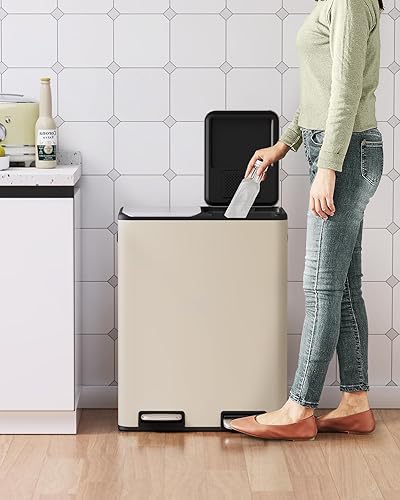 Miniatura 7 de Arlopu Cubo de basura doble de 16 galones con 2 cajas integradas para control de olores, cubo de basura de cocina manos libres, cubo de basura de