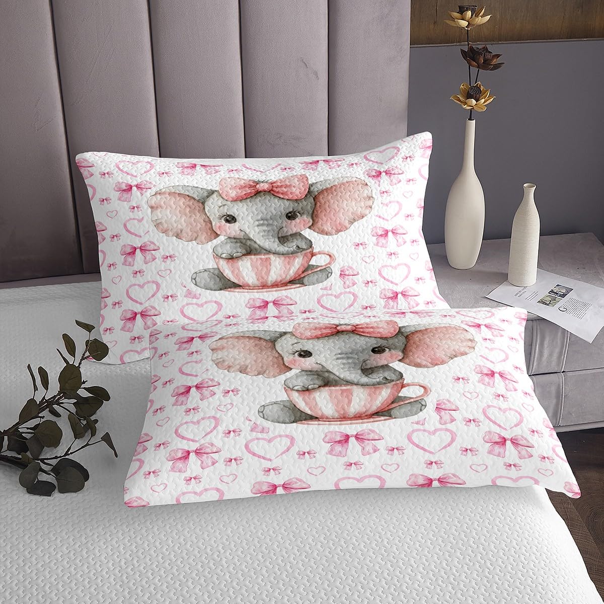 Homewish Set copripiumino per letto singolo per bambini, motivo elefante rosa, con fiocco e nodo, stile cartone animato, copriletto trapuntato per bambini, ragazzi, donne, con fiocco, decorazione per