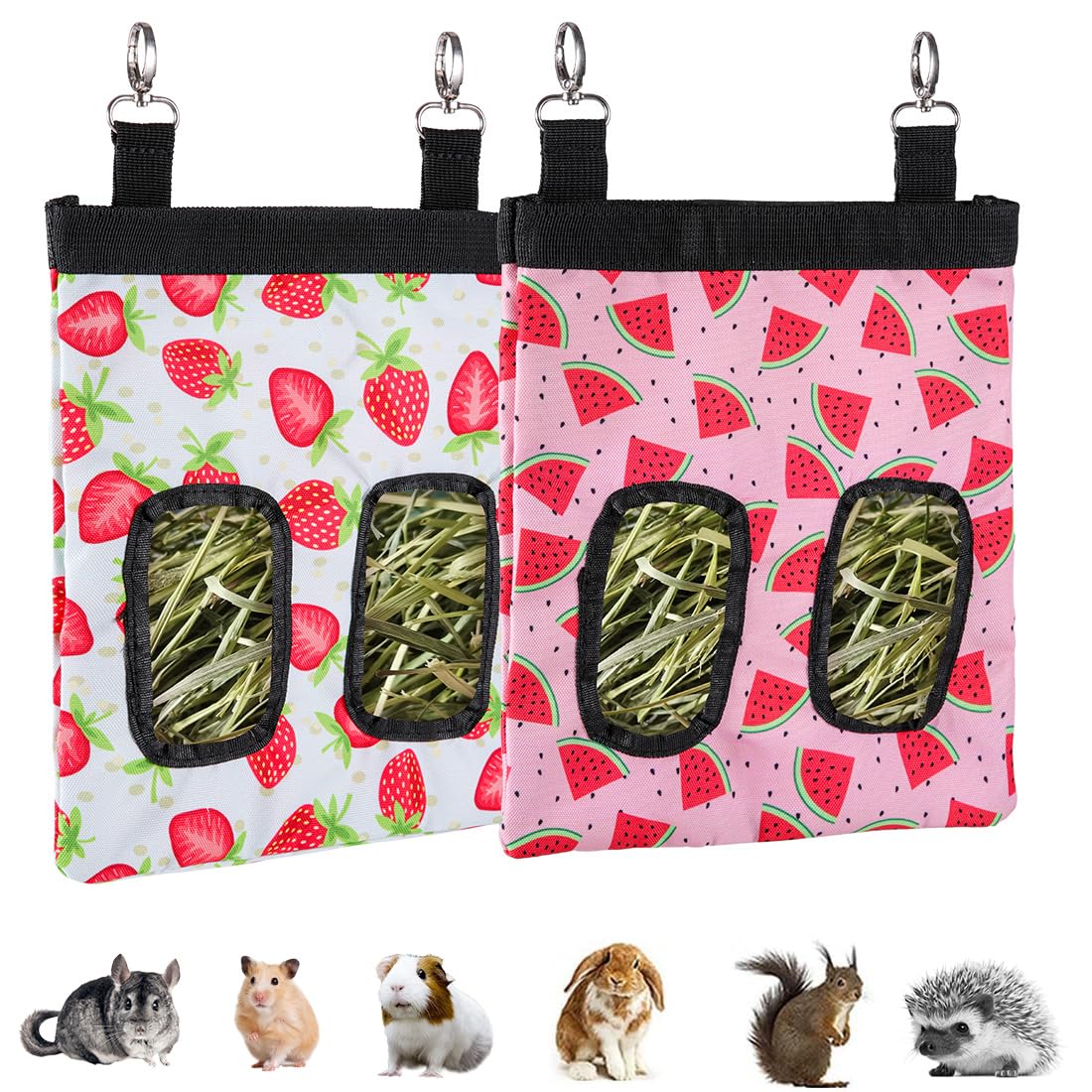 DZWLKJ Guinea Pig Hay Feeder, 2 Pack, 11 x 9 x 1 Inches, Rabbit Hay Feeder Bag, Stainless Steel, 600D Oxford, Watermelon and Strawberry