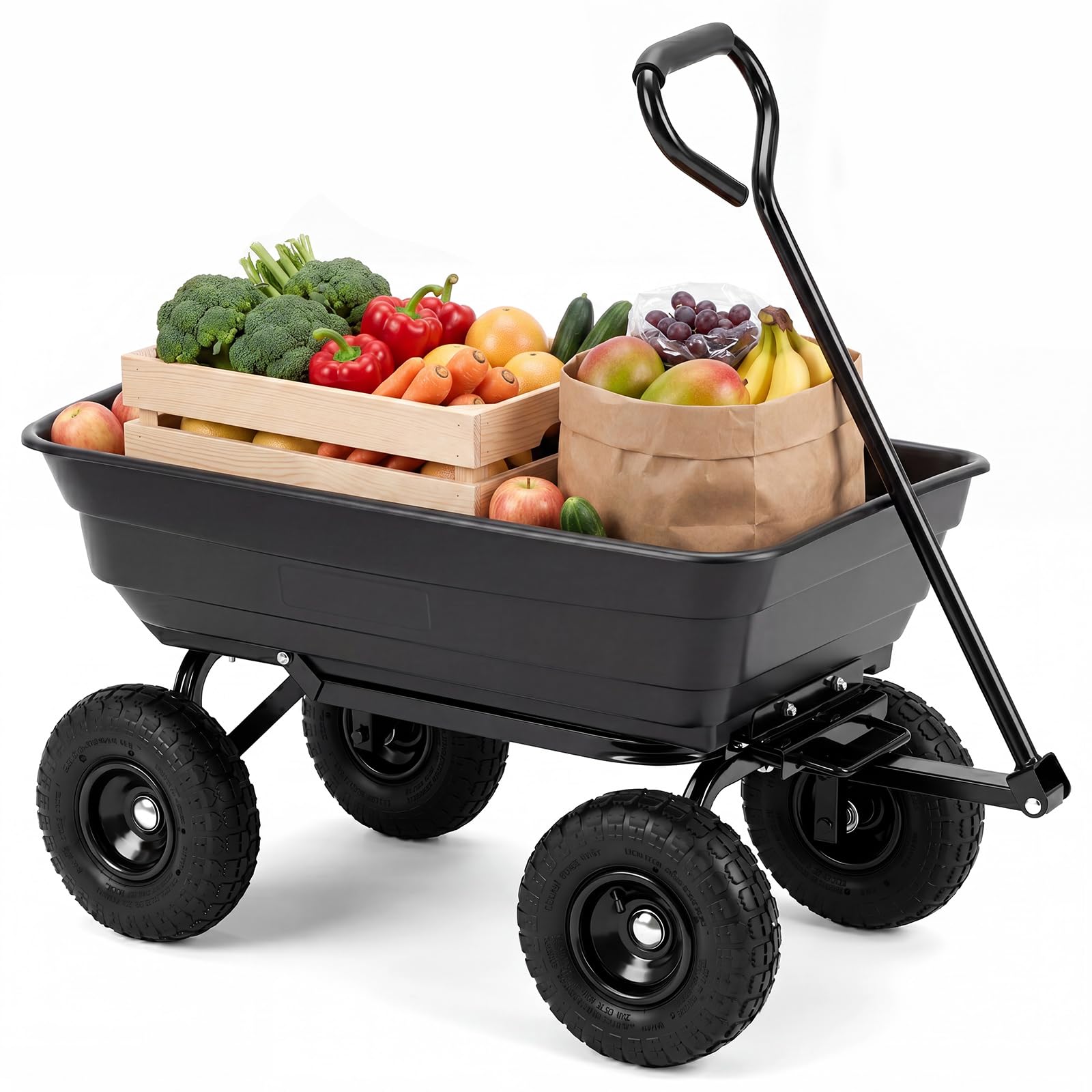 GYMAX Chariot à roulettes à Benne Bascule 75L 300 kg | Brouette Jardin de Transport Extérieur avec 4 Roues Gonflables Tout-Terrain, Chariot de Plage pour Jardinage, Cour et Camping