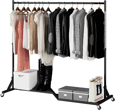 Heavy-Duty Adjustable Garment Rack with Lockable Wheels Black Metal Clothing Rack with Bottom Shelf Home/Office/Retail Use