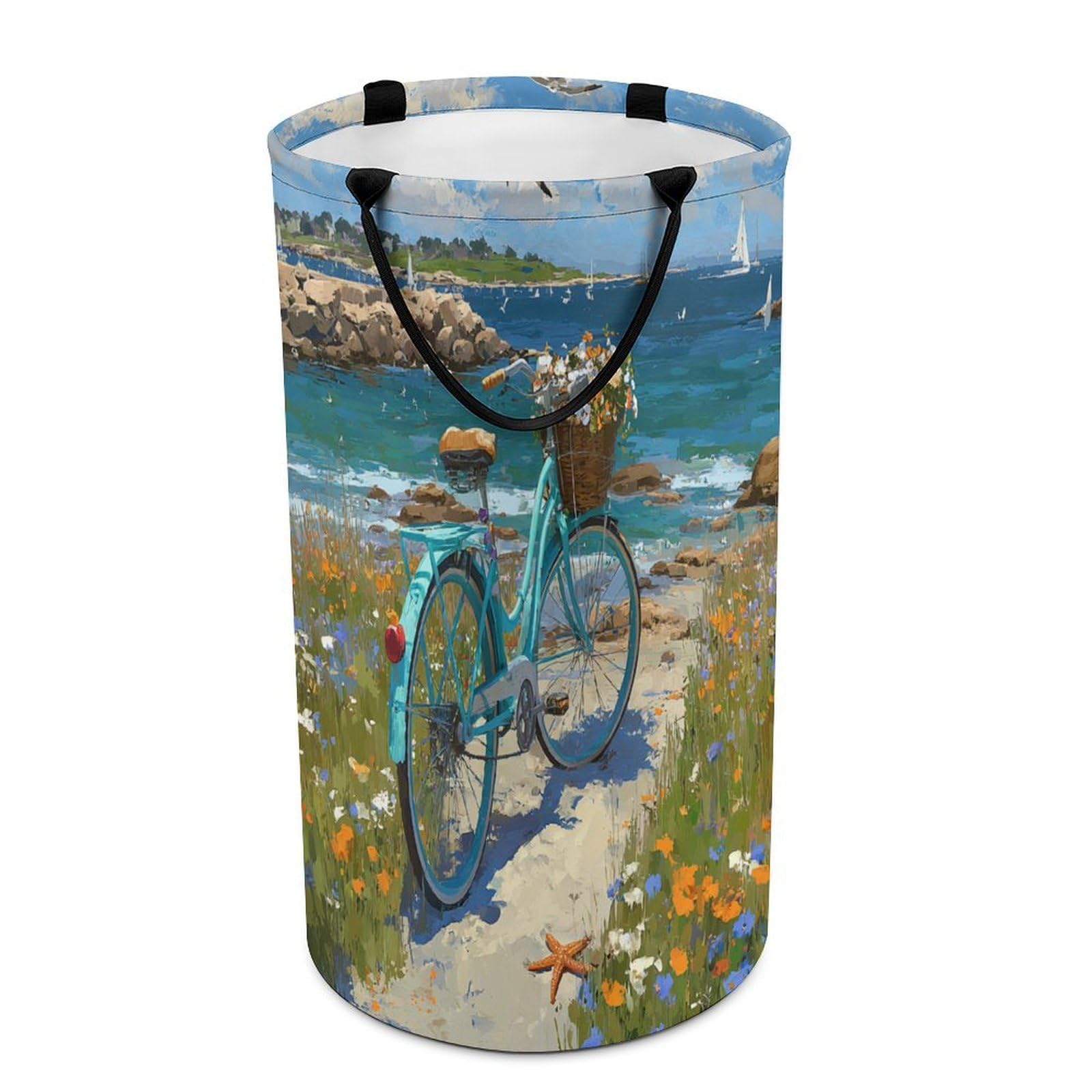 LUYYSKY Beautiful Realistic Coastal Beach Collapsible Dirty Clothes Basket, Classic Nautical Ocean Seascape Animal Seagull Bicycle Portable Clothes Storage Basket