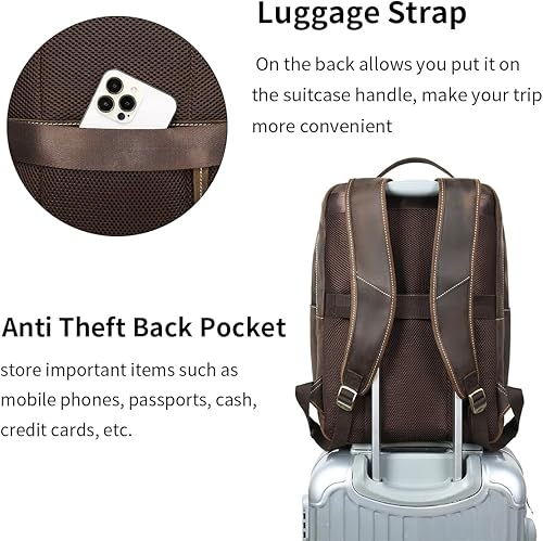 Miniatura 5 de Mochila de viaje de cuero de grano completo para hombre, mochila de senderismo, mochila casual, bolsa de viaje para portátil de 17.3 pulgadas,