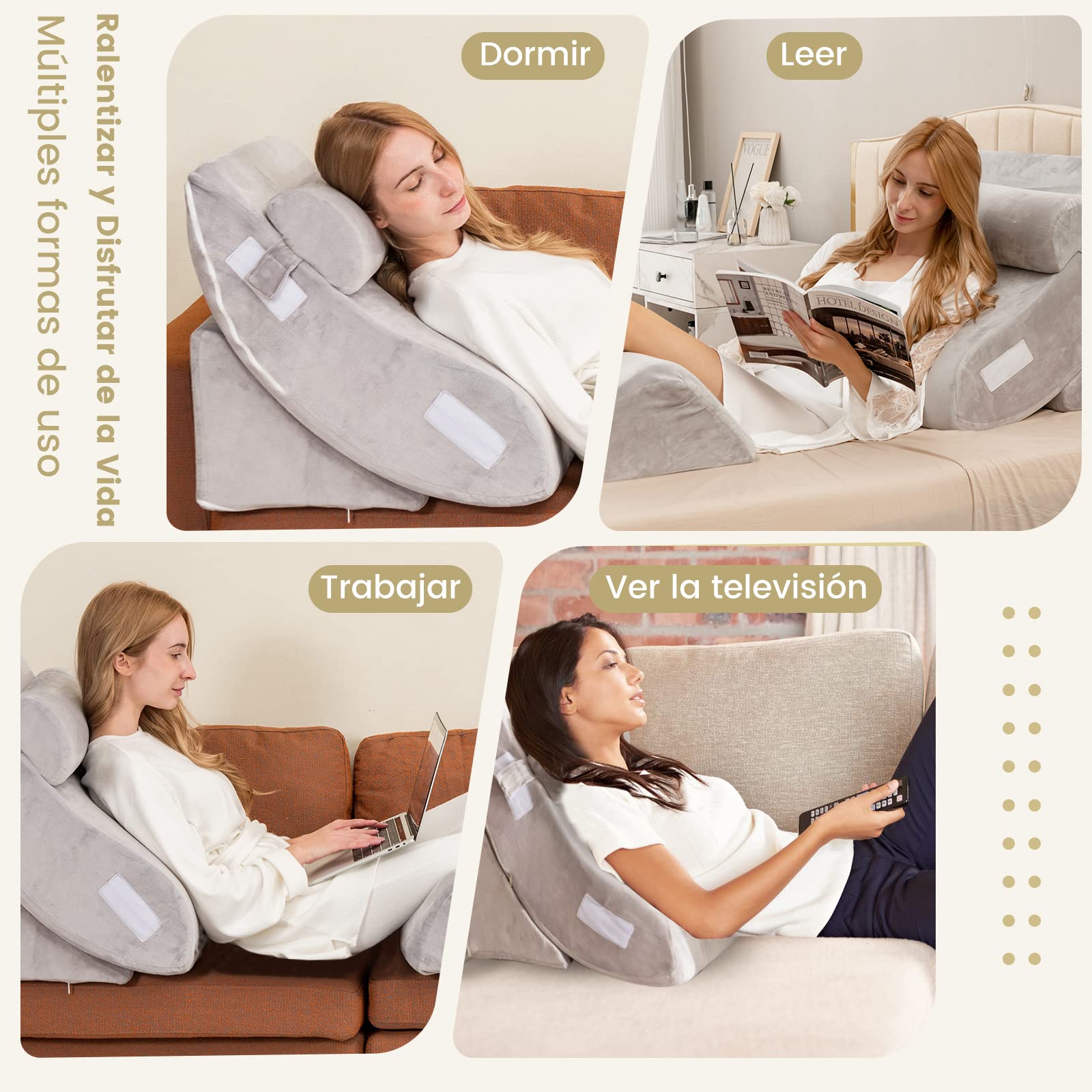 COSTWAY Almohada de Cuña para la Cama de 4 Piezas, Juego de Almohadas Postquirúrgicas de Espuma de Memoria para Aliviar el Dolor de Espalda, Cuello y Piernas, Almohada de Soporte de Espalda Ajustable
