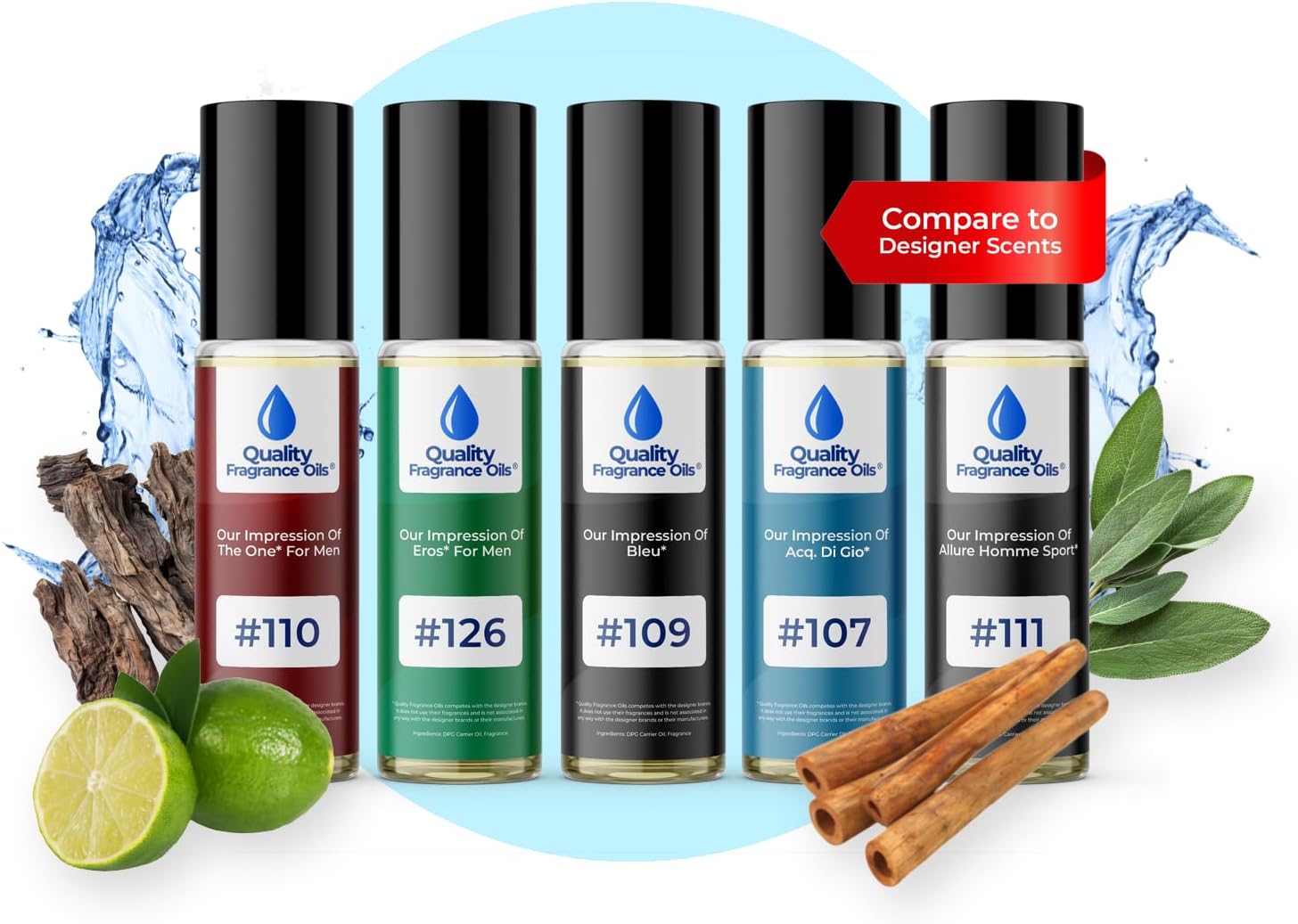 Quality Fragrance Oils' Men's Top 5 Cologne Impressions (Generic Versions of Designer Fragrance) Sampler Gift Set of 5 10ml Roll-ons, Long-lasting oils